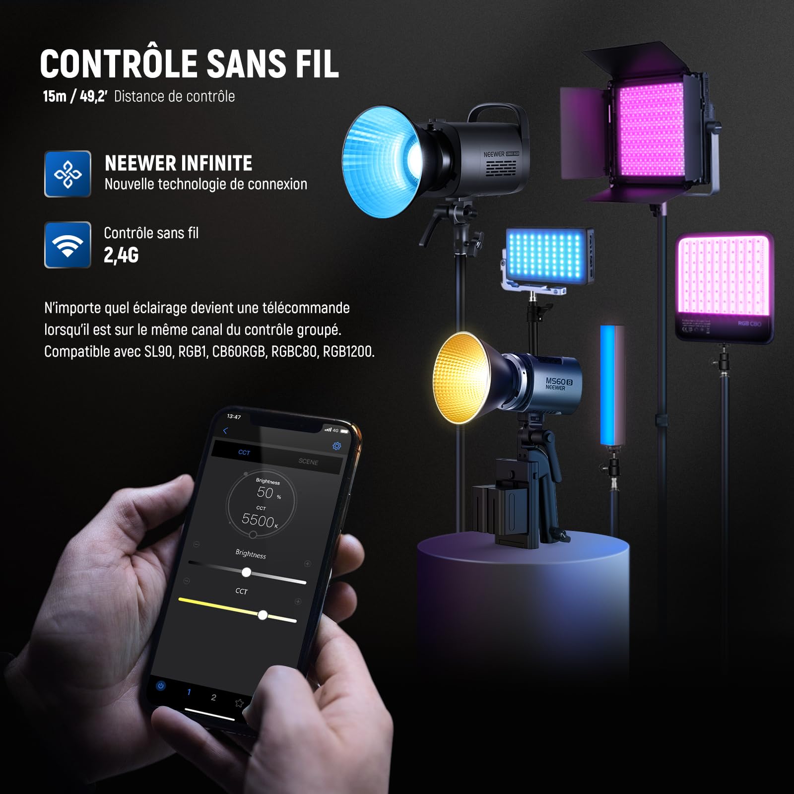 NEEWER MS60B 65W COB Video Light Kit avec 2.4G/Application Contrôle à Distance, Bicolore Éclairage Continue LED, Monture Bowens Lumière Photo Studio