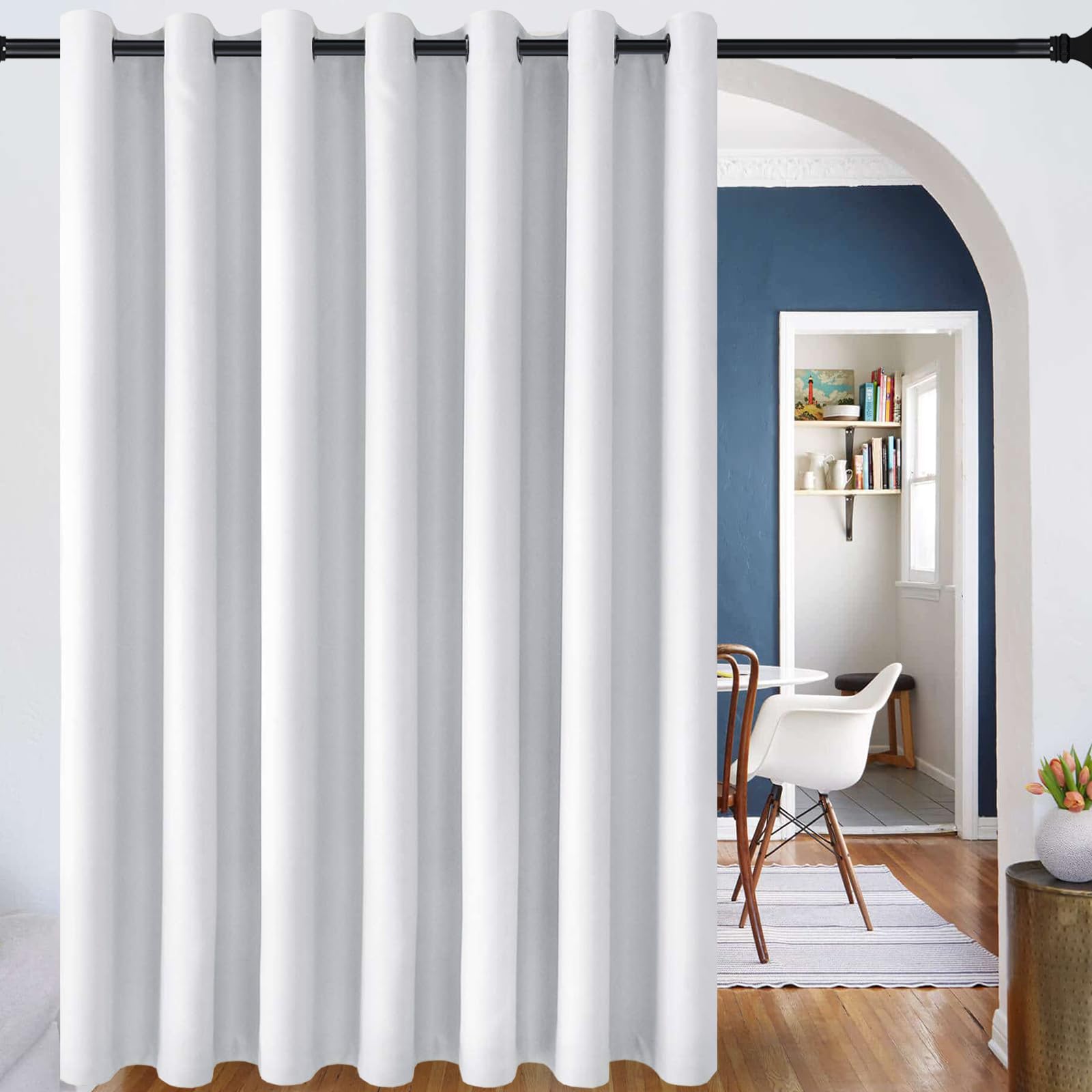 DWCN Blackout Curtain Panel for Bedroom - Partiton Thermal Insulated Energy Saving Grommet Blackout Drapery for Patio Door, Room Divider Big Long Curtain (White, W12' by L7', 1 PC)