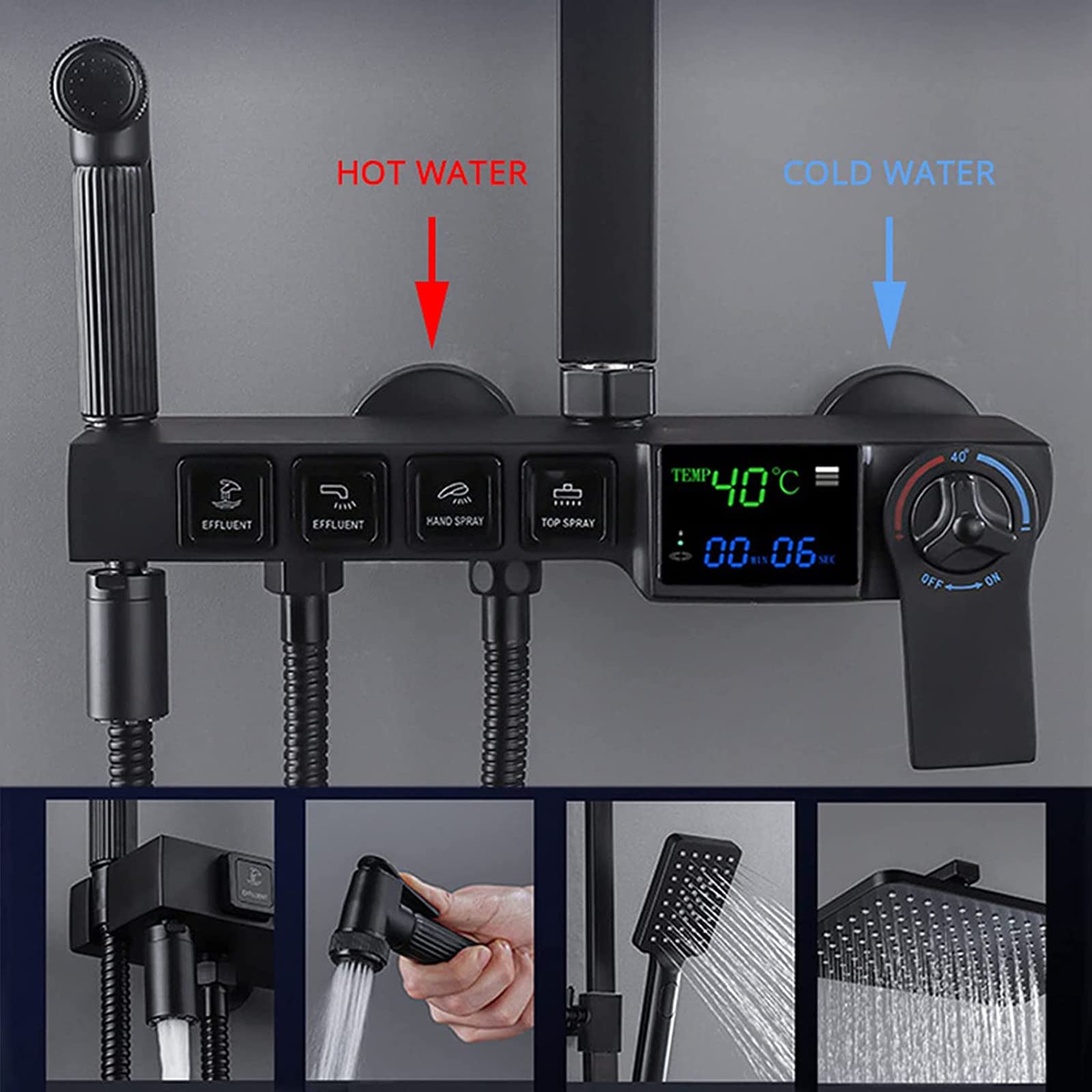 Sistema Doccia Nero con Display Digitale, Set Rubinetto termostatico, Miscelatore in Ottone con soffione a Pioggia, doccetta, doccetta Bidet, beccuccio Vasca, Altezza Doccia Regola