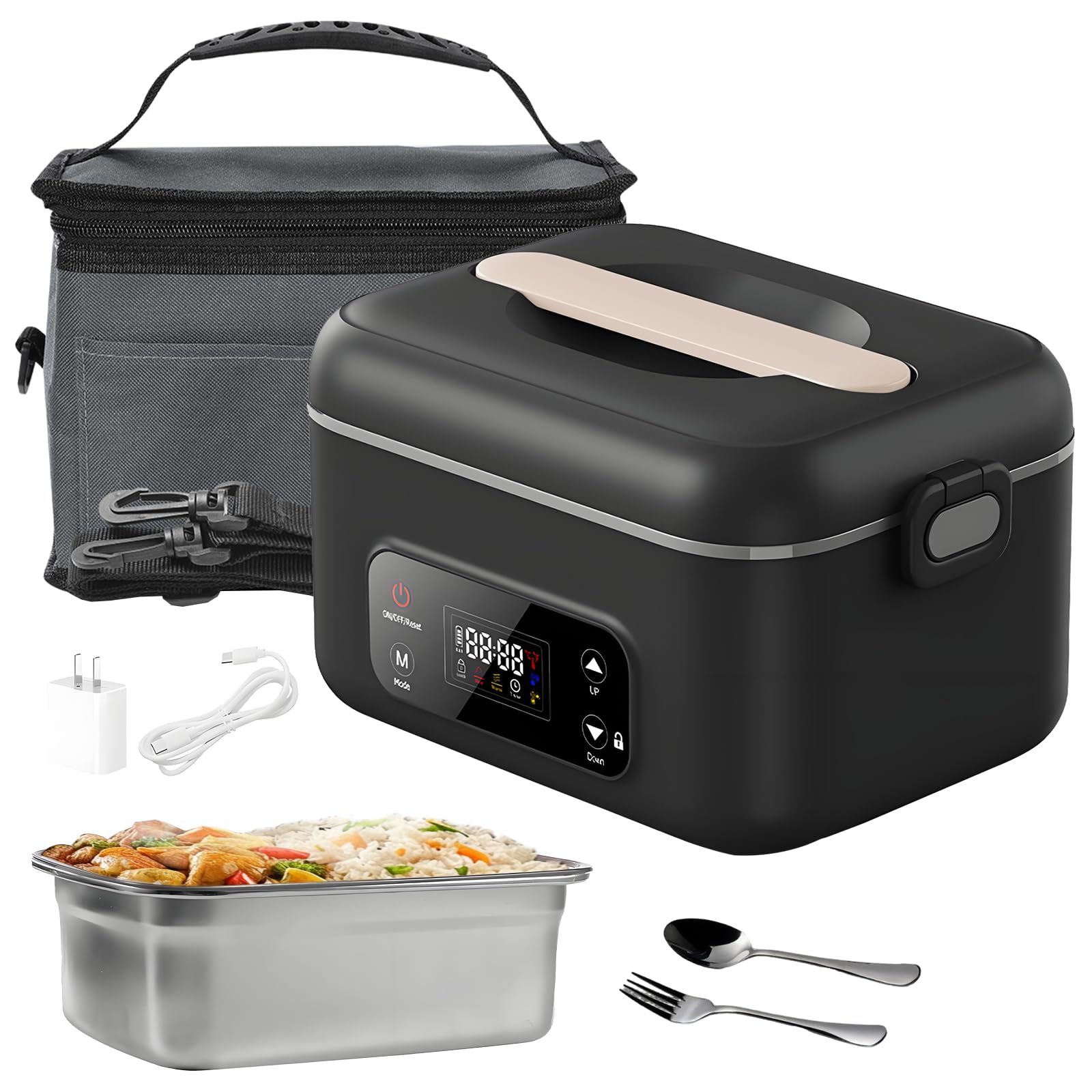 1 l beheizter Futternapf mit Akku, elektrische Lunchbox, kabellos, für Erwachsene, 16000 mAh, wiederaufladbar, beheizte Lunchbox mit Timer für Reisen, Büro, Picknick (schwarz)
