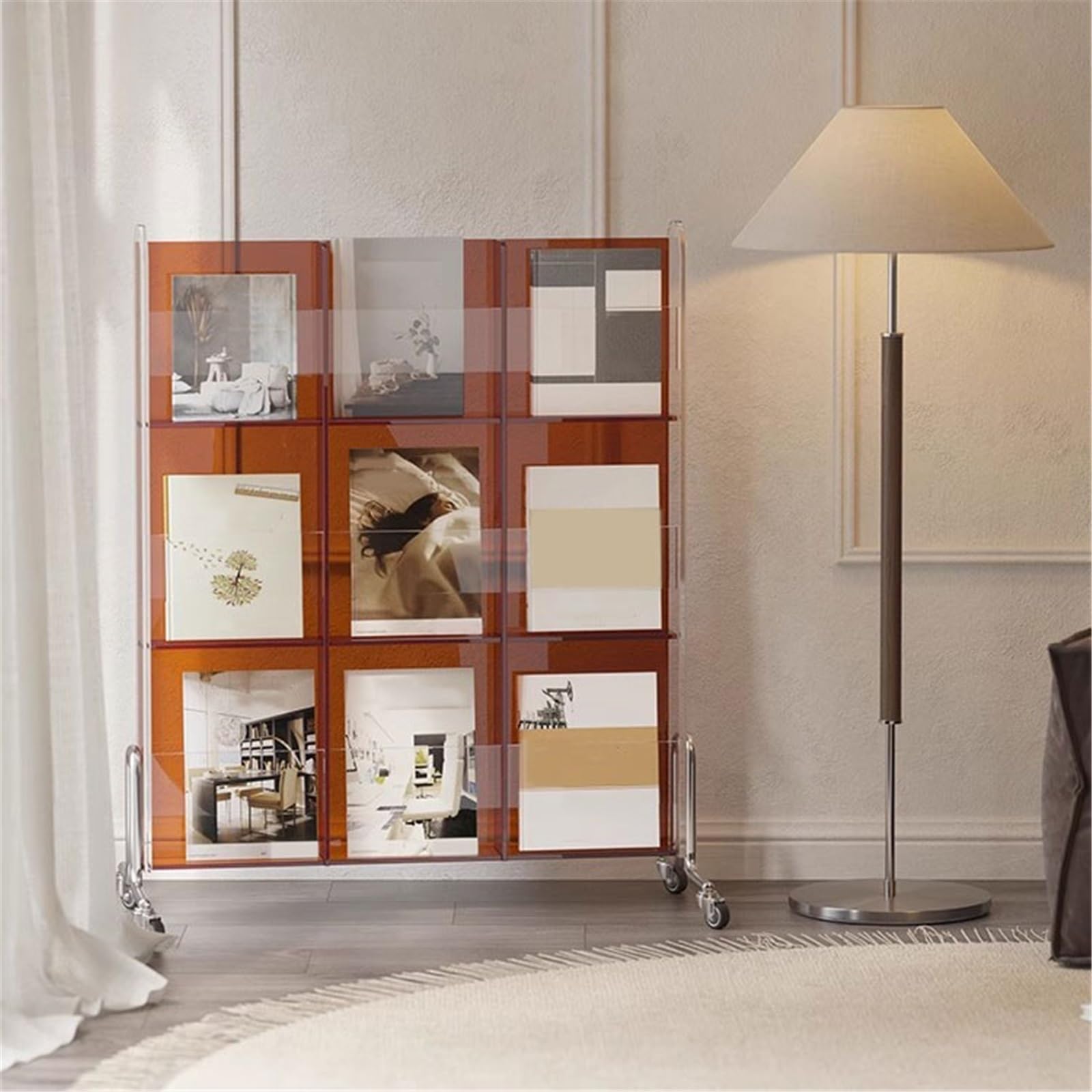 Rack per dischi Scaffale portaoggetti for dischi in vinile, mobile multifunzionale con ruote girevoli, espositore for giornali e libri
