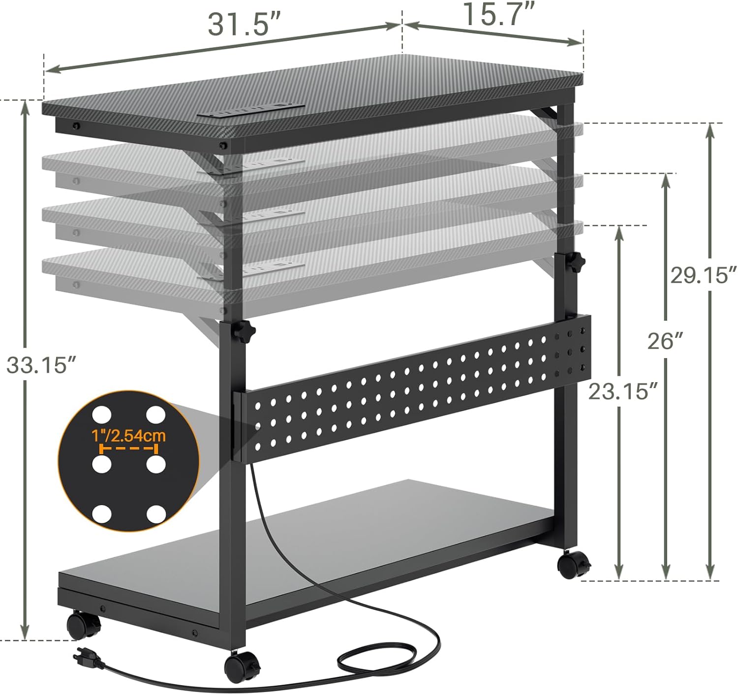 Besiost 32" Large Computer Tower Stand with Power Strips, 4 Levels Manual Height Adjustable PC Tower Stand for Under Desk, Mobile Rolling CPU Holder Computer Cart with Wheels, Carbon Fiber Black