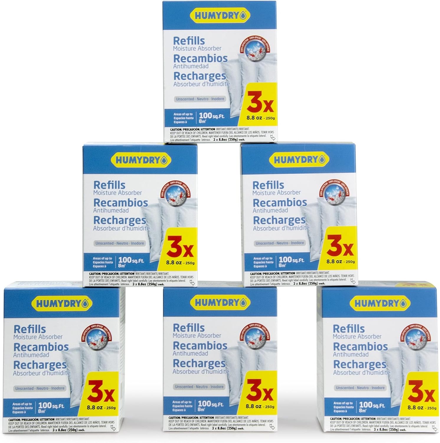 HUMYDRY Moisture Absorbers Refills for 8.8 Oz Dehumidifier, 18 Count, 6 Packs of 3 Humidity Absorber Bags, Pre Measured Non Electric Refill Bags for Closets Bathroom and Small Enclosed Spaces