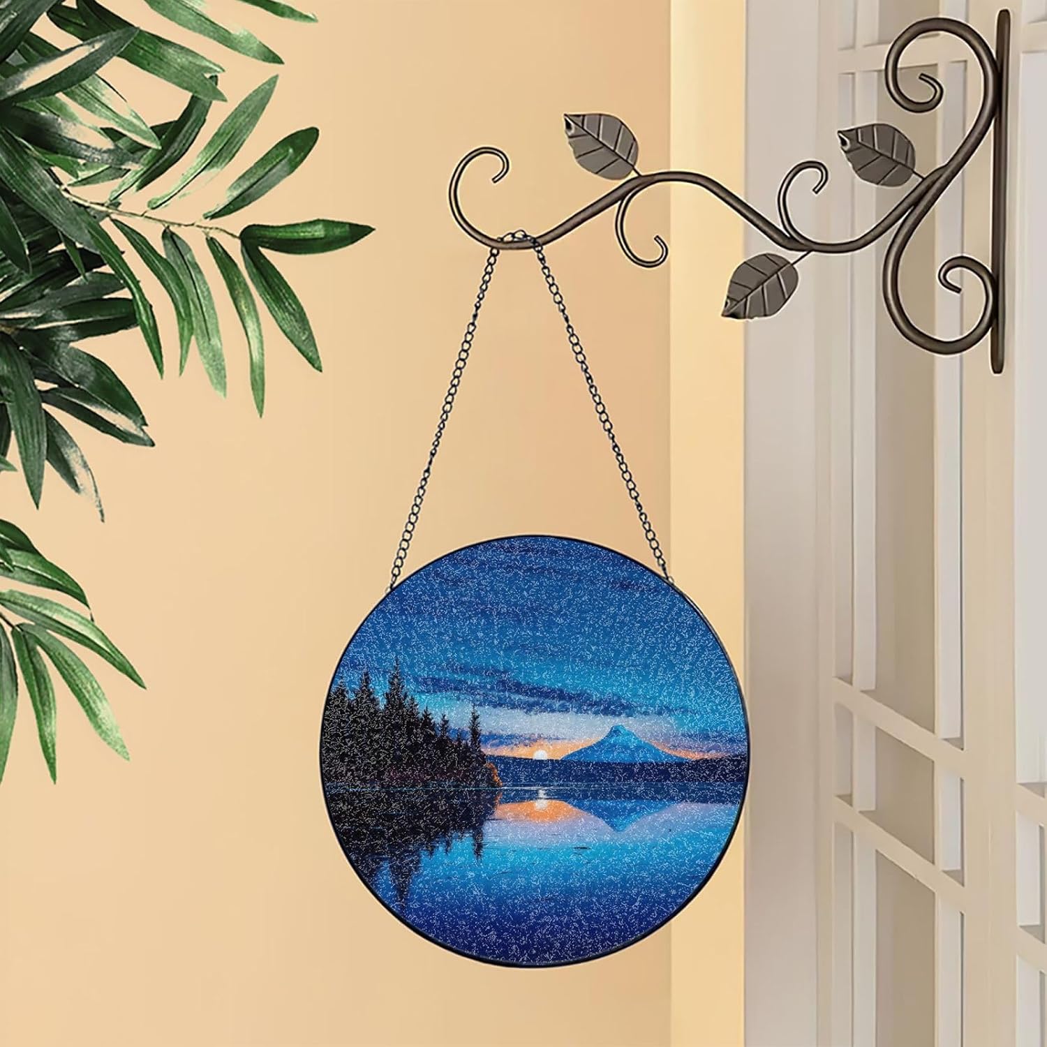 Stained Glass Window Hanging 6in（15cm）, Blue Sunset Glass Suncatcher for Home Decor, Indoor Wall Art Glass Panel with Metal Chain and Hooks, Sun Catcher Ornament Birthday Gifts