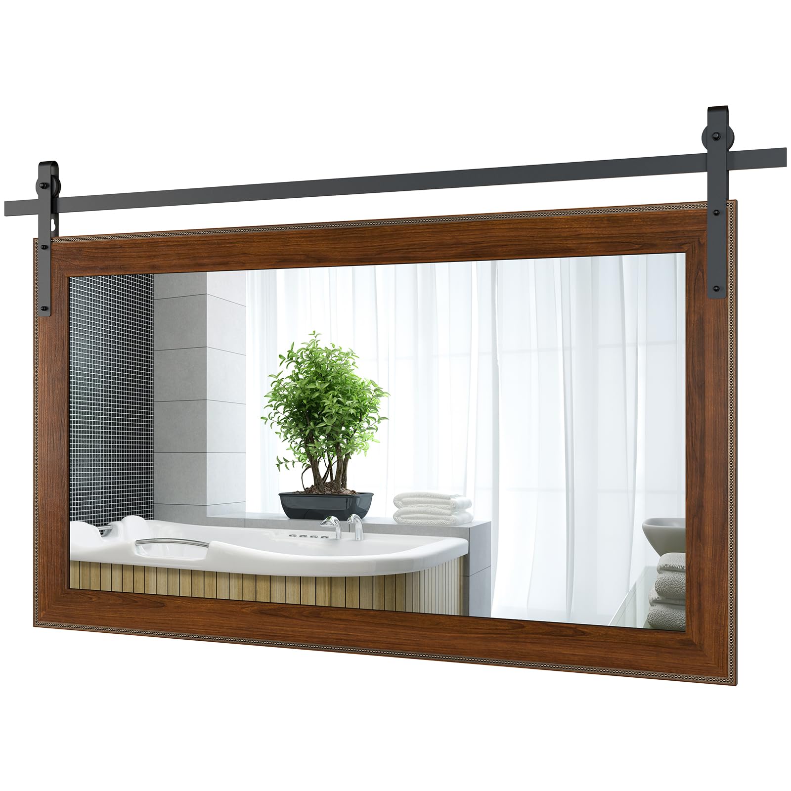 ROOMTEC Farmhouse Bathroom Mirror 60Ã—36.5 inch Barn Door Mirror Rustic Wall Mirror Wood Frame Mirror for Bathroom, Entryway