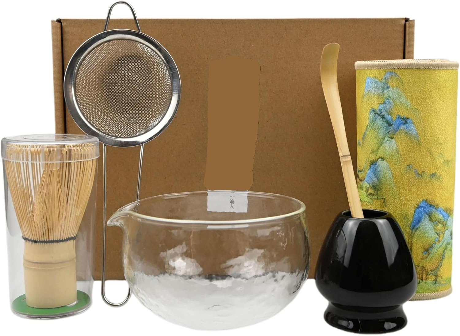 6PCS/Set Matcha Bowl,Cloth, Spoon, Strainer, Tea Whisk(Gradient Yellow)