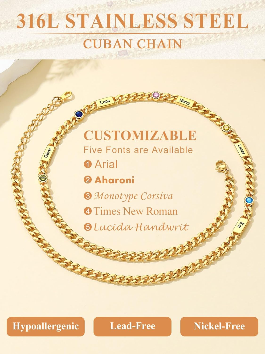 Custom4U Personalized Cuban Link Birthstone Necklace for Women Men, Stainless Steel Cuban Chain 5mm Custom 1-6 Names, Jewelry Gifts for Birthday, Mothers Day, Christmas, Fathers Day