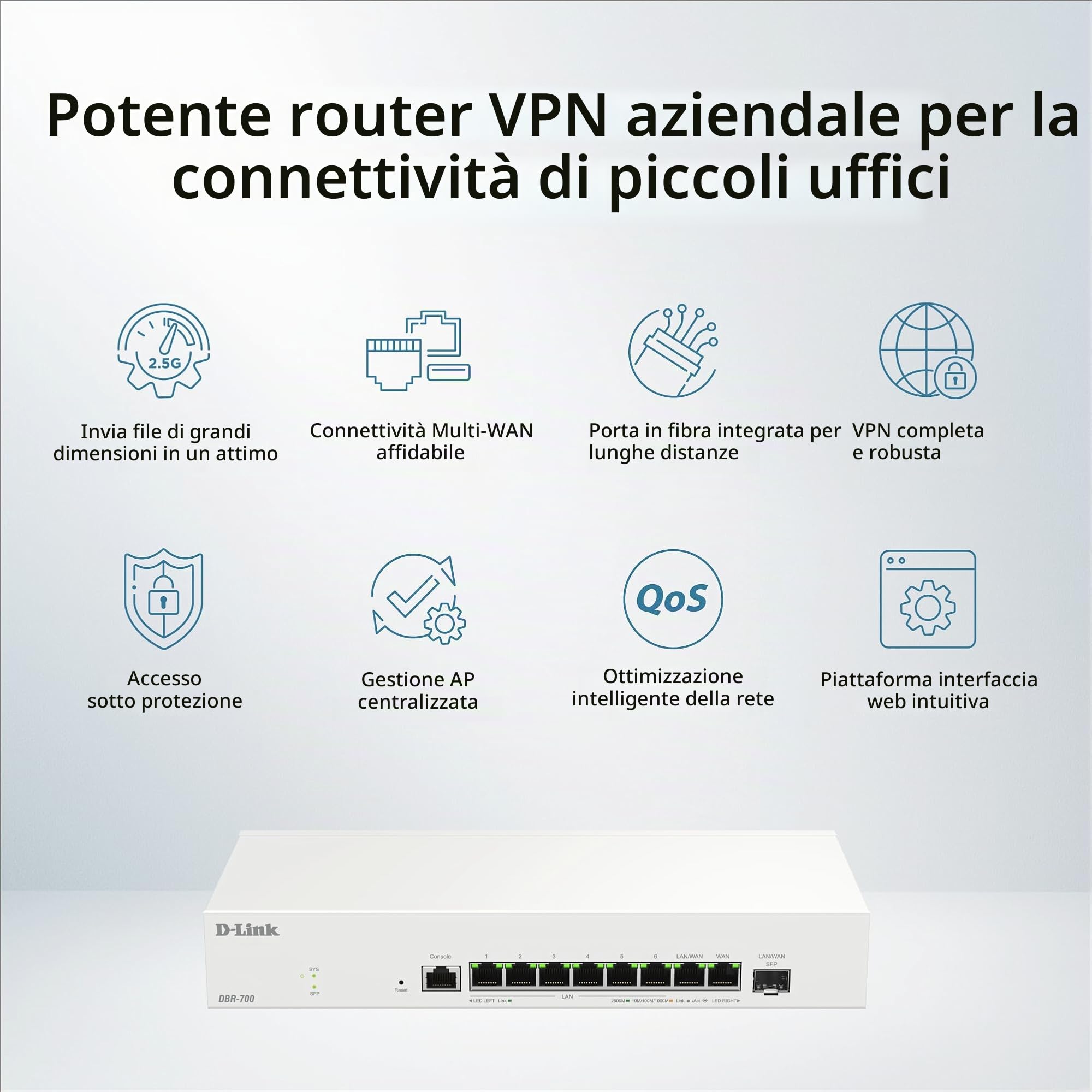 D-Link DBR-700 Business Router – Dual WAN 2,5G, Bilanciamento Carico & Failover, VPN (IPSec, WireGuard, OpenVPN, PPTP, L2TP), Firewall SPI, Porta SFP, Gestione Centralizzata AP fino a 15 AP