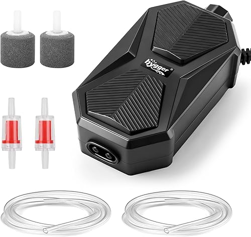 hygger Bomba de aire para acuario, aireador de oxígeno ultra silencioso con válvula de retención de tubería de aire de piedra de aire, burbujeador