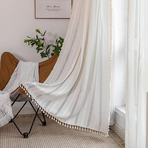 TOPSMCHER Cortinas bohemias de 84 pulgadas para sala de estar, 2 paneles bordados a rayas con borlas, cortinas de lino semiopacas para sala de