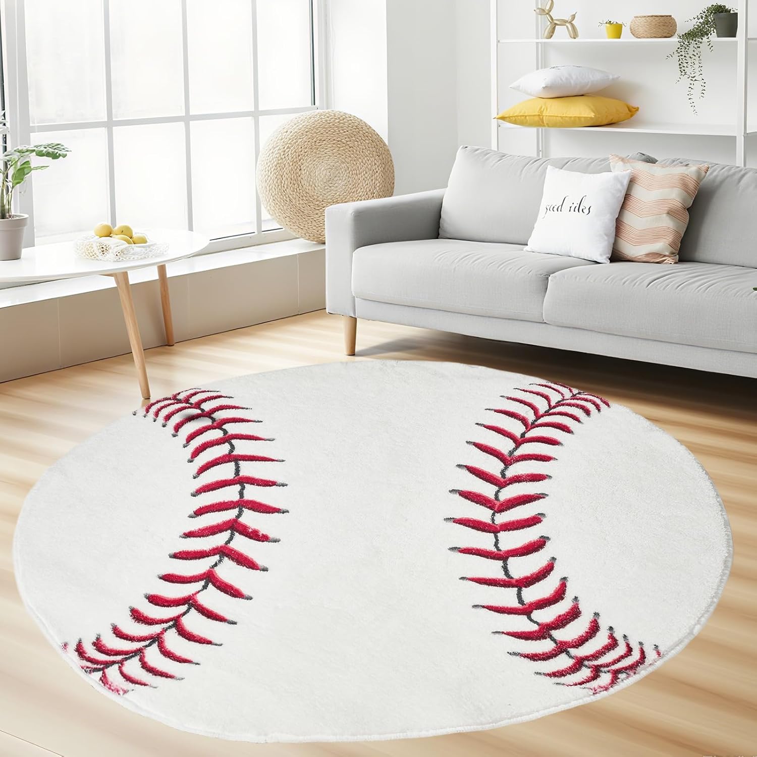 Round Baseball Rug–4ft Soft Washable Sport Area Rugs with Non Slip Backing,Carpet for Bedroom,Living Room and Soccer Room Decor