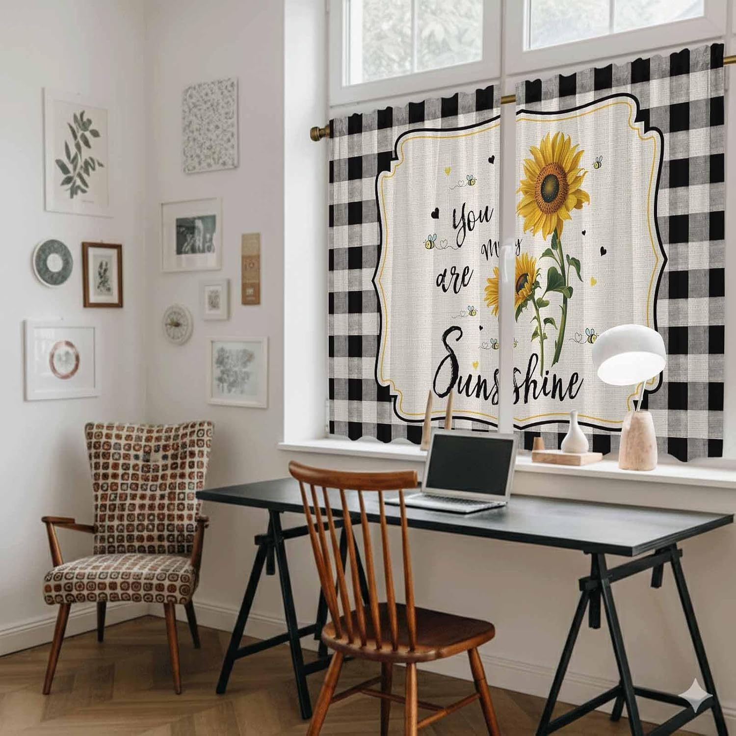 Sunflowers Kitchen Curtains, Yellow Floral Botanical Black White Checkered Rustic Light Filtering Window Curtain, 2Pcs Rod Pocket Window Treatments Set for RV Dining Room Study Room 42x45 Inches