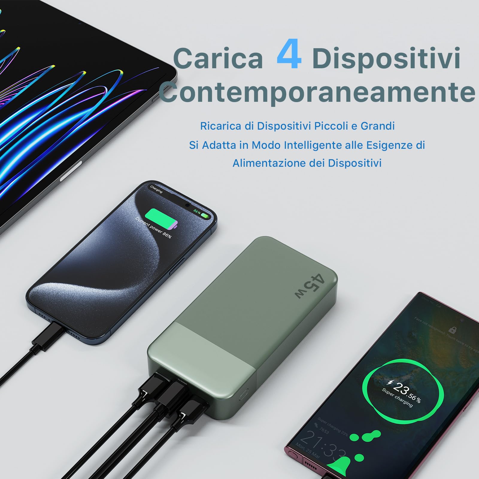 Nobis Power Bank 20000mAh Powerbank 45W Ricarica Rapida Caricatore Portatile USB C In & Out, 4 Porte Portable Charger con Display Digitale a LED, Compatibile con MacBook Phone 15 S23 (Verde)