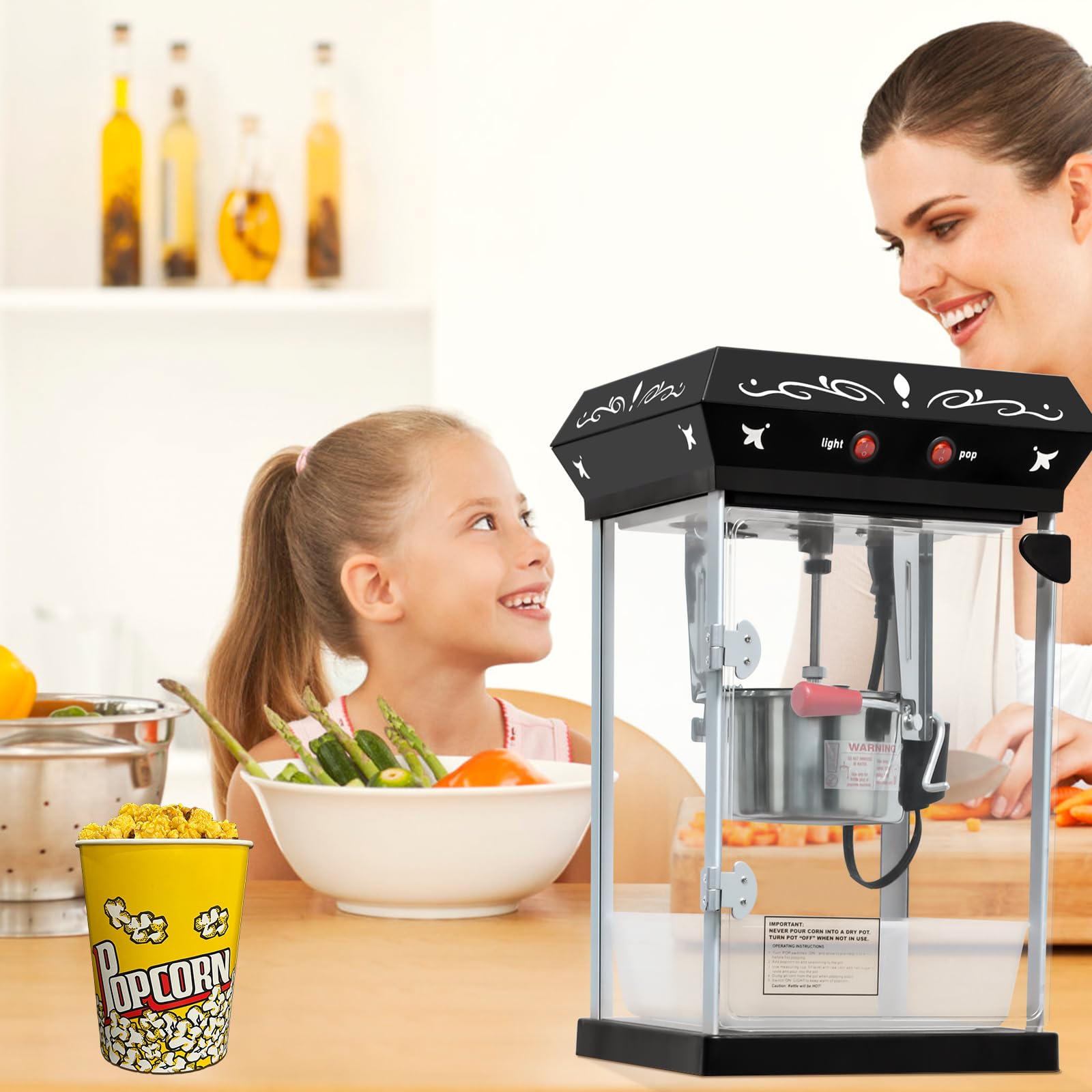 Popcornmaschine mit Wagen 8 OZ Kessel Popcornmaschine Groß,Entnehmbarer Topf Popcornmaker Retro Popcornmaschines,3 Schaufeln Kino-Stil Restaurant profi popcornmaschinen (Schwarz)