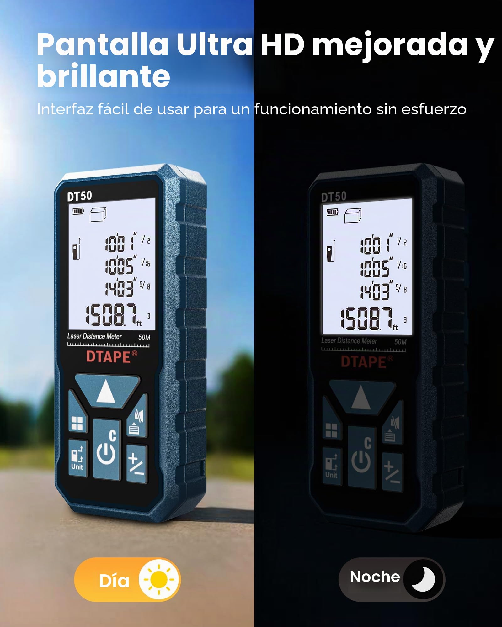 DTAPE Medidor Láser, Telémetro Digital de Alta Precisión, Cinta Métrica Electrónica con Pantalla LCD Retroiluminada de 2", Mide Área/Volumen/Indirecta, en Pulgadas/Pies/Pies+Pulgadas/Metros