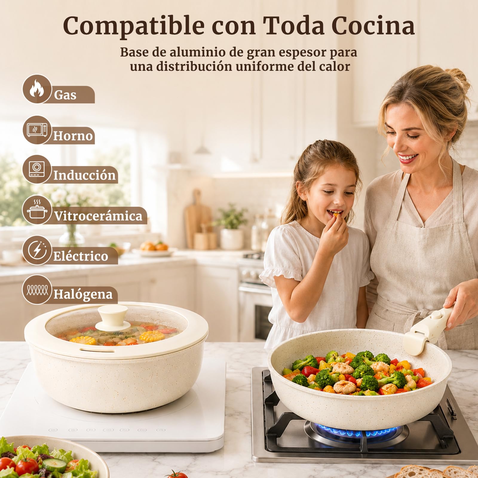 YASHE Batería de Cocina 21 Piezas, Antiadherente para Inducción y Horno | Juego de Sarténes y Ollas Atóxica con Mango Extraíble, Ollas Apilables, Juego Ahorrador de Espacio para Caravana, Sin PFOA