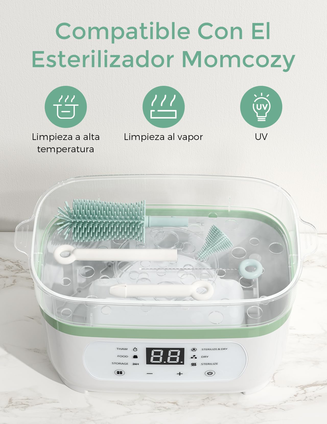 Momcozy Juego de cepillos 7 en 1 para biberones, Kit Completo de Limpieza de biberones con Cepillo de Silicona, Cepillo para pezón, Cepillo para Pajita, dispensador de jabón y Estante de Secado