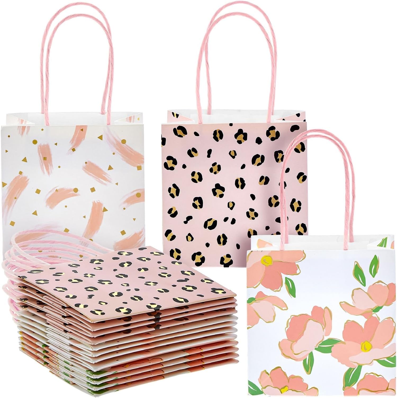 Sparkle and Bash Party Favor Bags with Handles - 12-Pack, 5 x 5 x 3 In, Pink Floral & Animal Assortment - Mini Gift Bags for Jewelry, Candies & Small Favors
