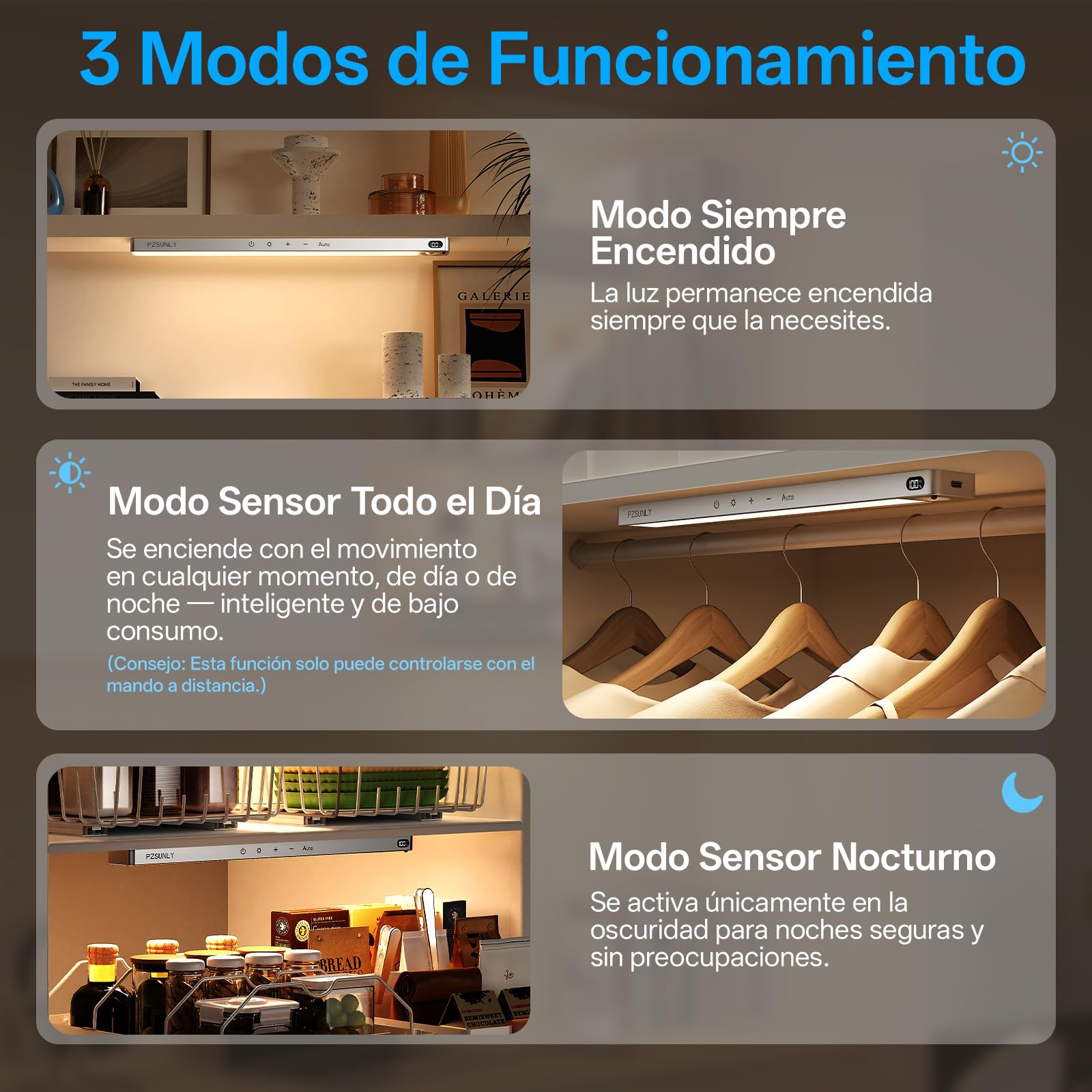 Luz Led con Sensor de Movimiento con Indicador de Batería, 2200 mAh | Luz Armario Sensor Movimiento, 3 Color 3 Modos USB-C Recargable, Led Cocina para Cocina, Armario, 5 pcs, Plata