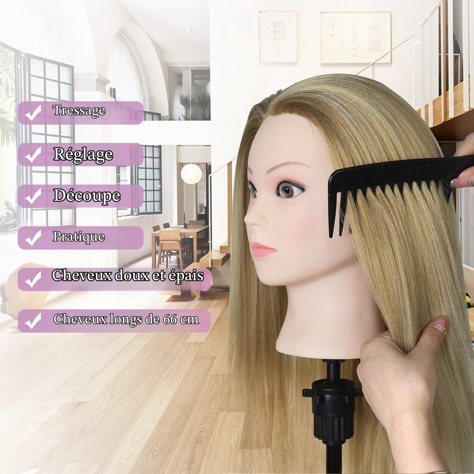 Neverland Tête À Coiffer Professionnelle Avec Trépied Support - 26'' Têtes d'exercice Coiffure 100% Cheveux Synthétiques Cosmétologie Pratique Mannequin Poupée pour le Salon Coiffeur