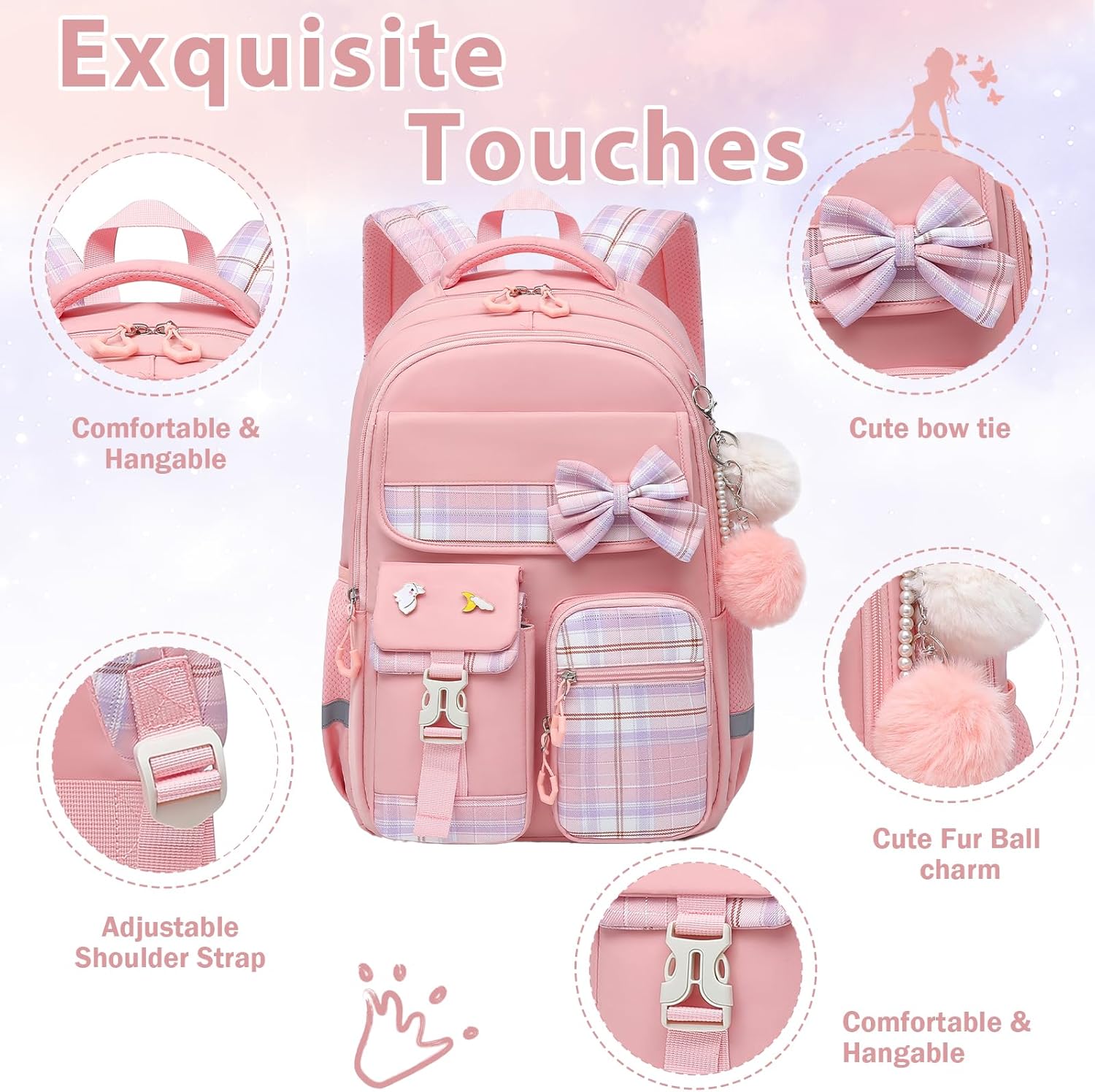 School Backpack for Girls Kids Bookbag for Elementary Middle School Casual Travel Daypack Teen Backpacks Pink - Image 3