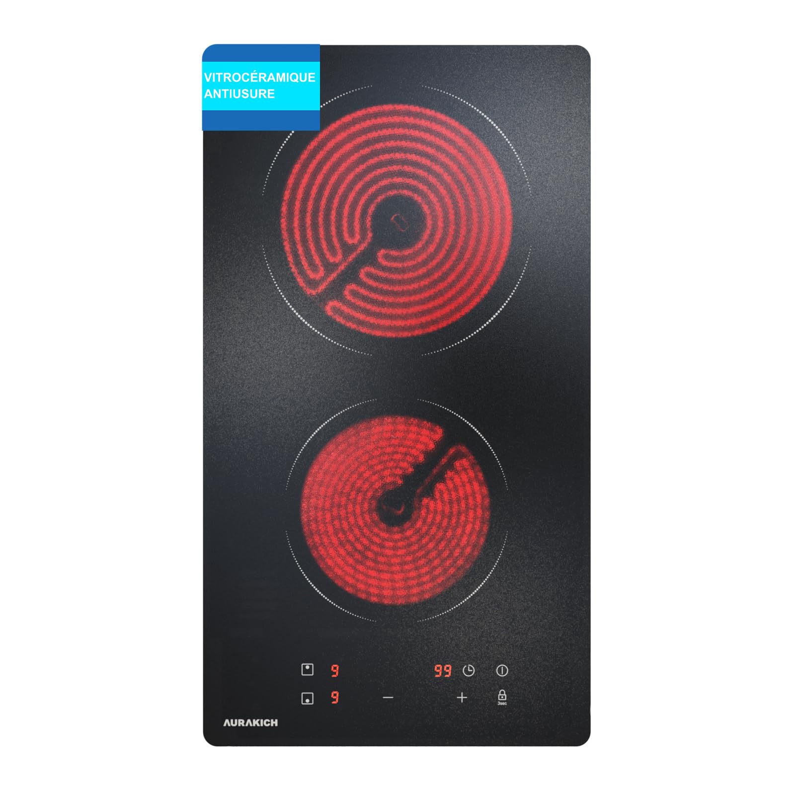 Plaque Vitrocéramique 2 Feux Encastrable 29cm 3000W Cuisson Electrique Commande Tactile Minuteur