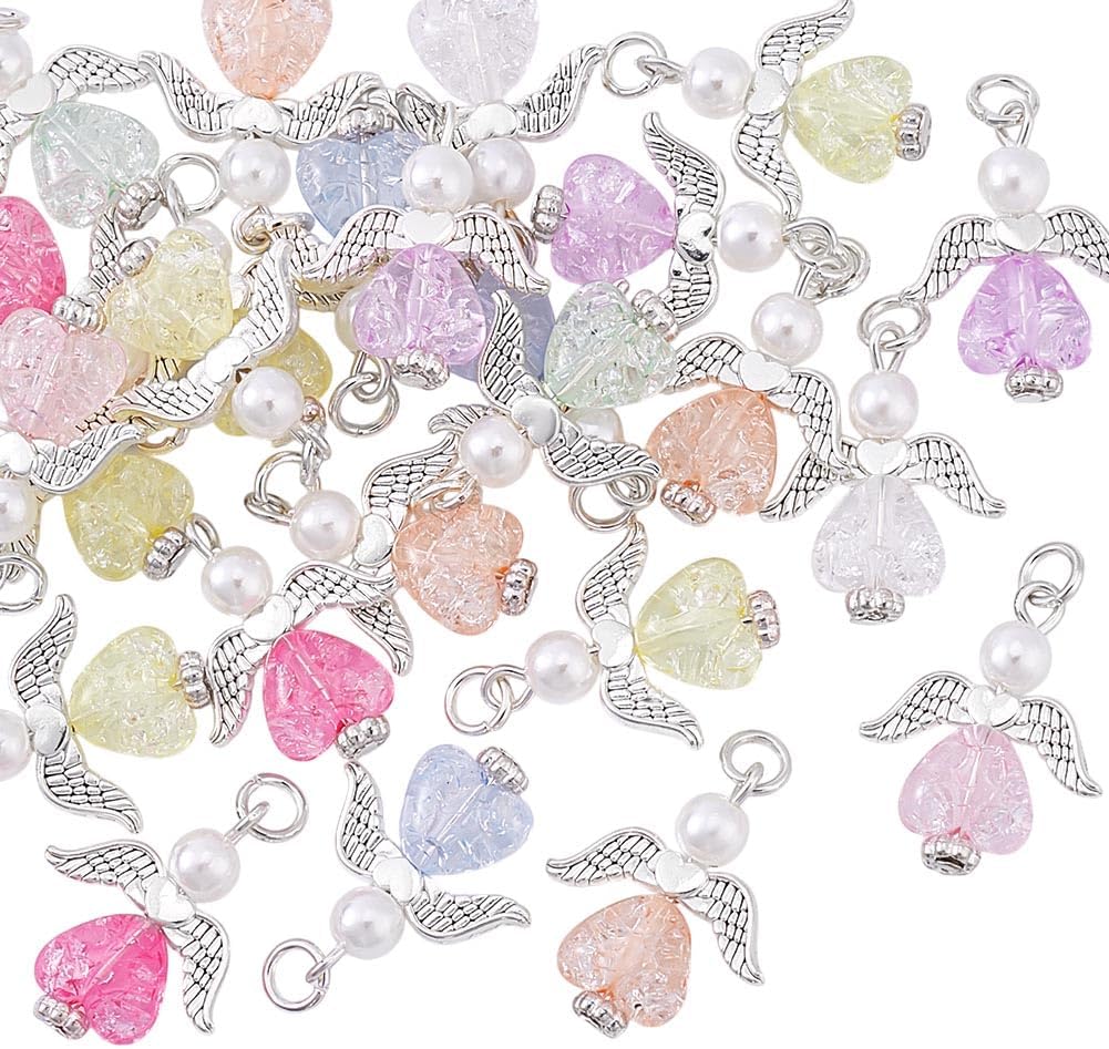 PH PandaHall 30pcs Angel Charms Heart Angle Wing Charms Imitation Pearl Dangles Silver Angel Wing Pendants Angle Pendants with Jump Rings for Jewelry Making Necklace Earrings Keychains