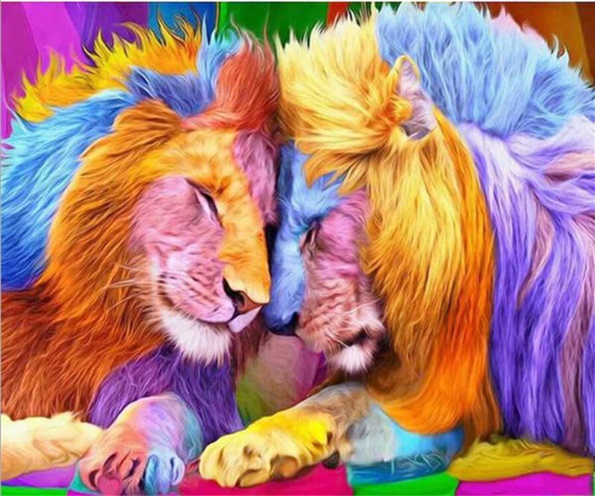 Diamant Bricolage Peinture Salon Plein Diamant Couleur Couple Lion Diamant Point de Croix Point perceuse Peinture bâton perceuse -70x90cm