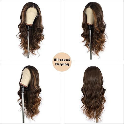 Miniatura 2 de SAPPHIREWIGS Peluca de encaje frontal marrón con reflejos marrones, pelucas de cabello largo ondulado de 13 x 3 para mujer, pelucas sintéticas