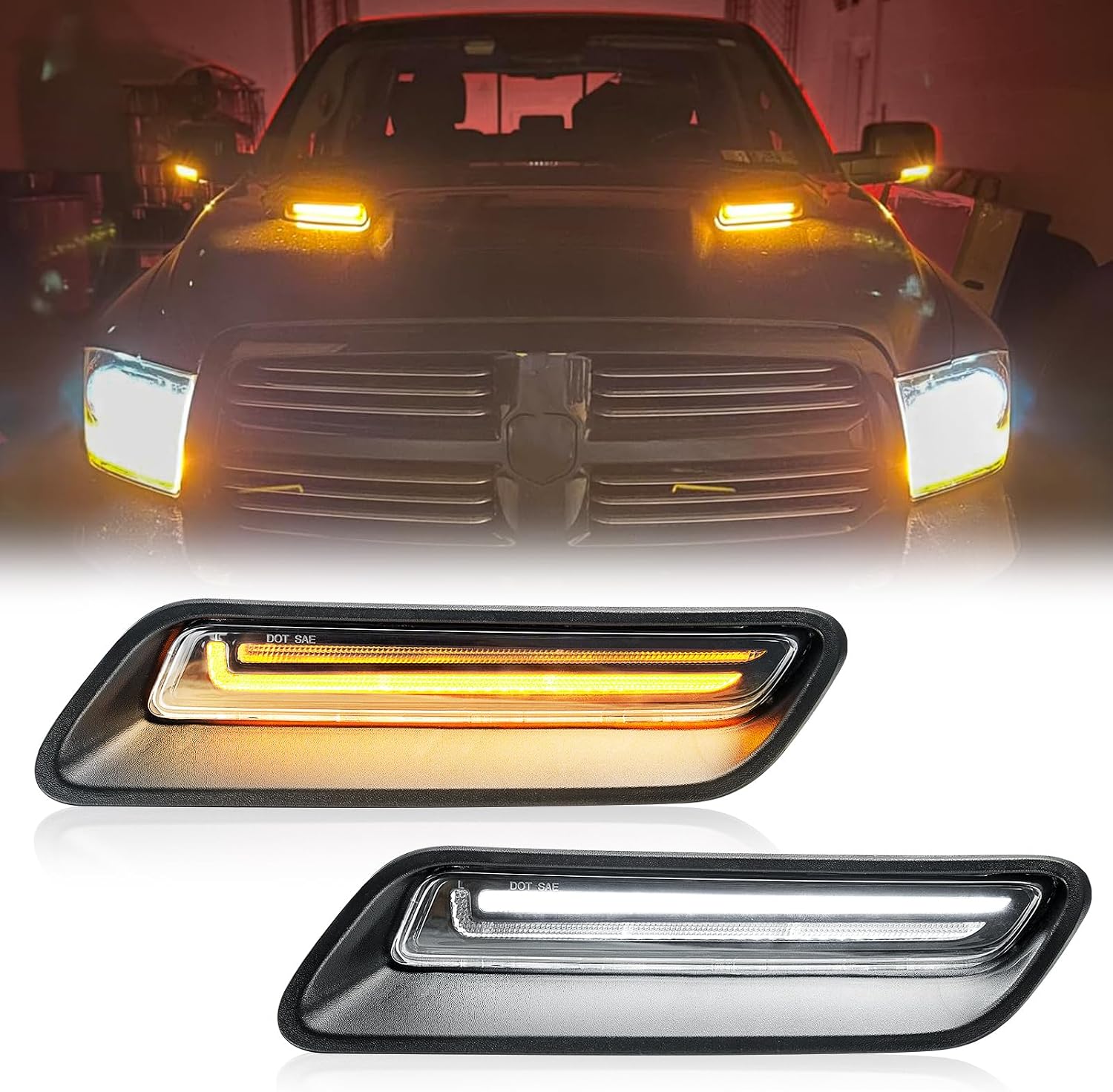 R&F Auto Smoked Sequential LED Hood Vent Lights Compatible with Ram 1500 (2010-2018) / Ram 1500 Classic (2019-2022) Hood Scoop Lamp Dynamic Indicator Turn Signal Light Bezel Driving Lamp