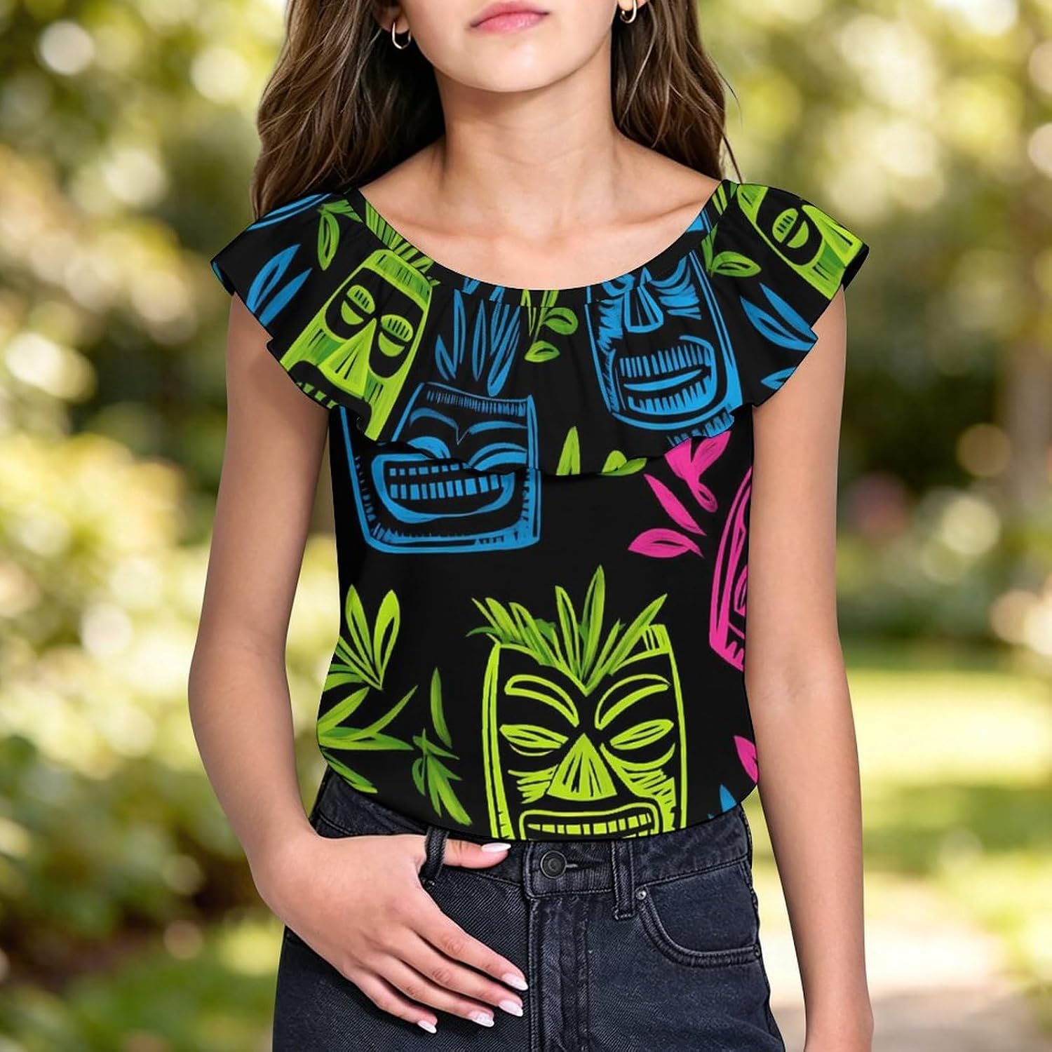 Hawaii Tiki Masks Girls T-Shirts Top Ruffle Short Sleeve Blouse Casual Graphic Tees
