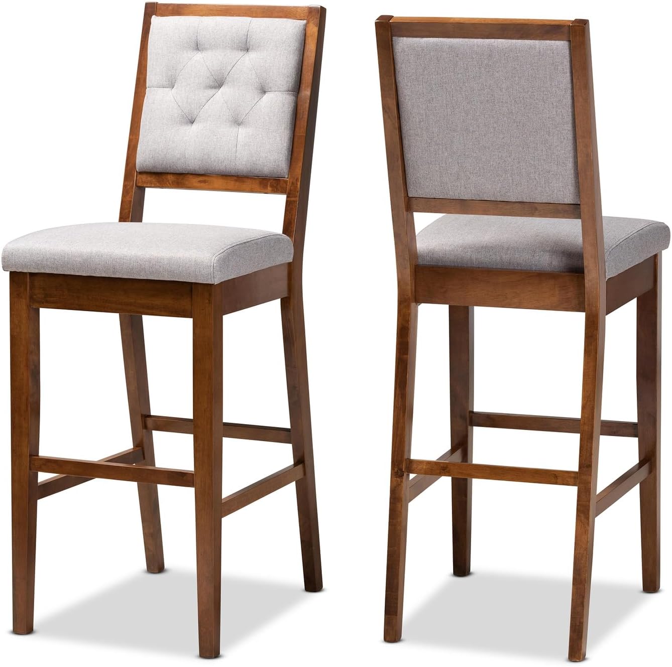 HomeStock Luxury Bar Stools 2-Piece Set - Grey Fabric & Walnut Wood - Modern Bar Furniture