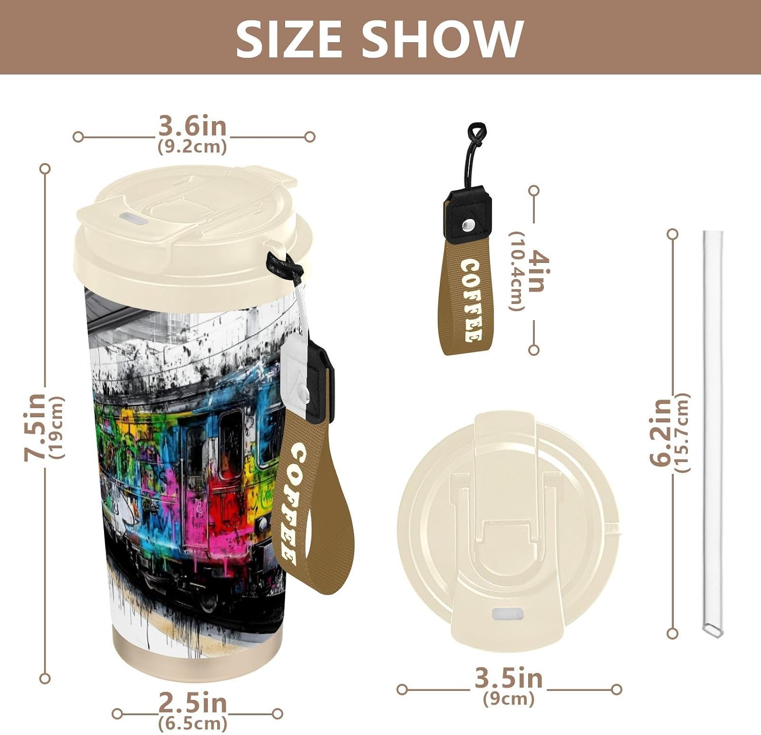 Insulated Coffee Mug Train Colors Art with Straw & Flip Lid, 16.9oz Iced Tumbler Cup, Double Wall Vacuum Mug for Travel Office Camping