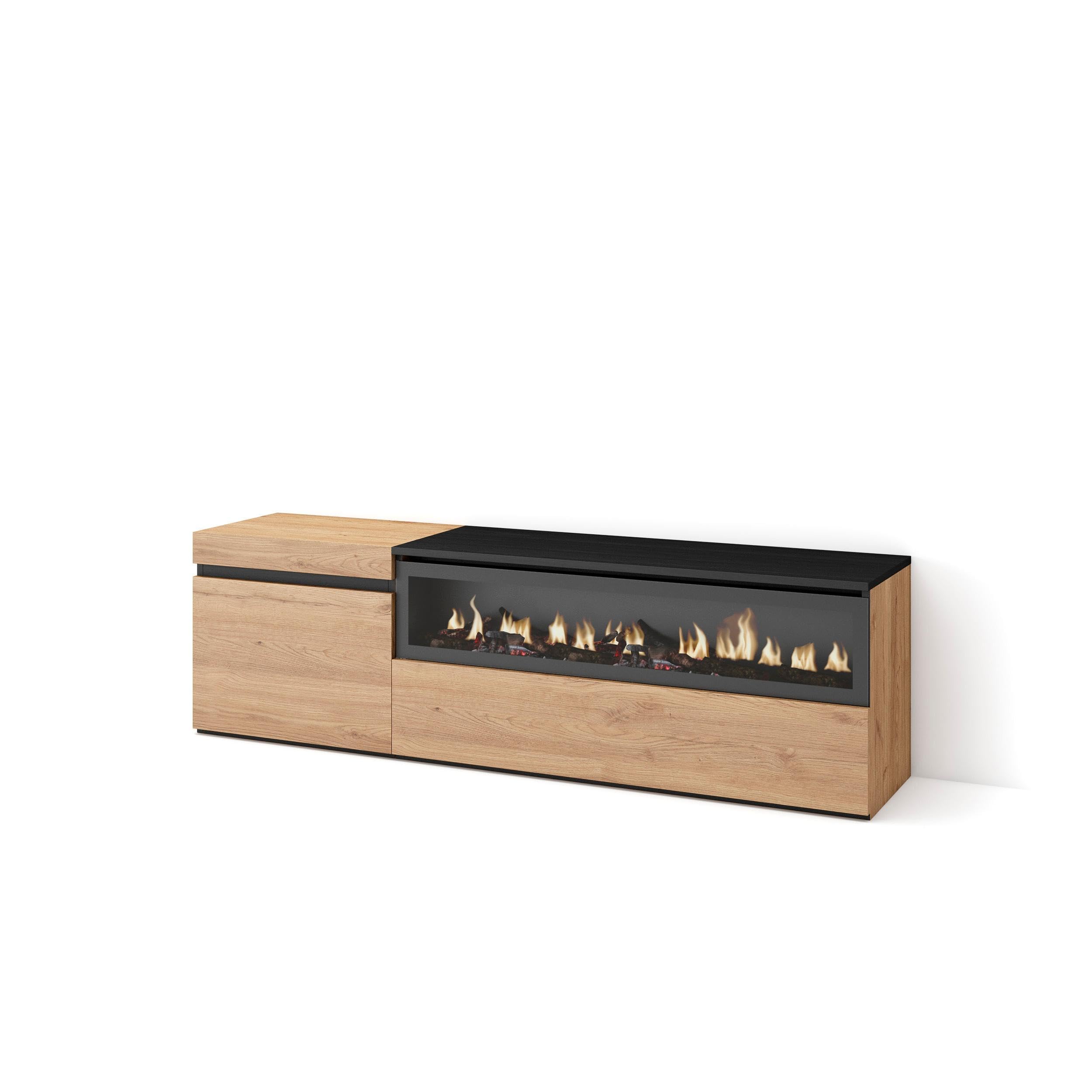 Skraut Home | Mobile TV Soggiorno | Ampio spazio a disposizione | 150x45x35cm | Per TV fino a 65" | Camino elettrico | Stile moderno | Rovere e nero