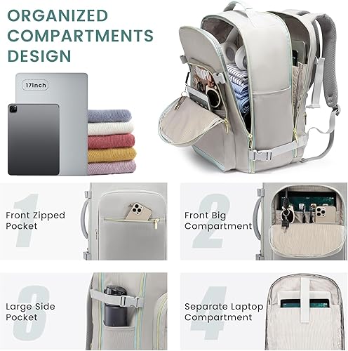 Miniatura 4 de LOVEVOOK Mochila de viaje grande de 40L para mujeres y hombres, mochila de mano aprobada por aerolíneas, Gris- verde, Mochila de viaje con estilo