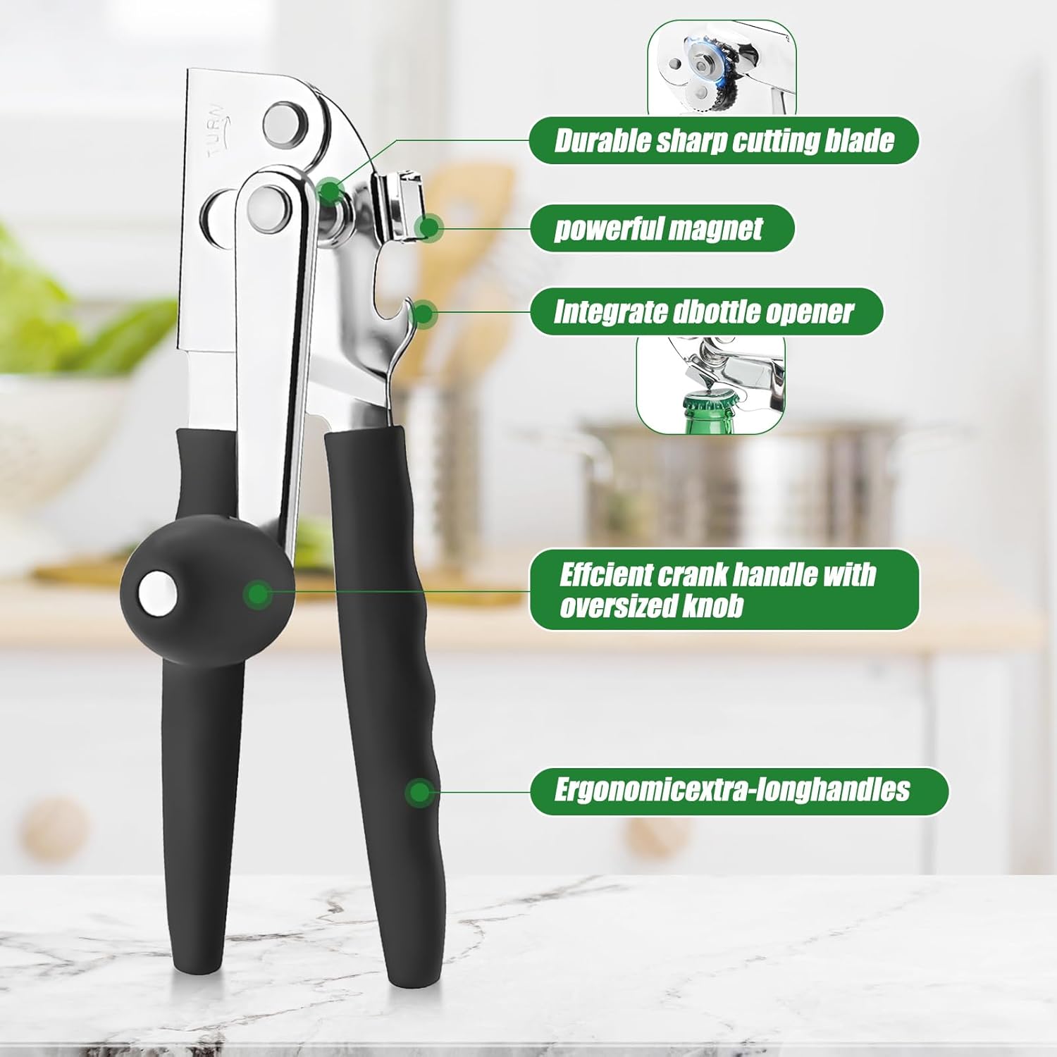 3Pcs Commercial Can Opener Stainless Steel Handheld Can Opener Smooth Edge with Easy Crank Handle Black Swing Grips for Bulk Cans and All Size Cans