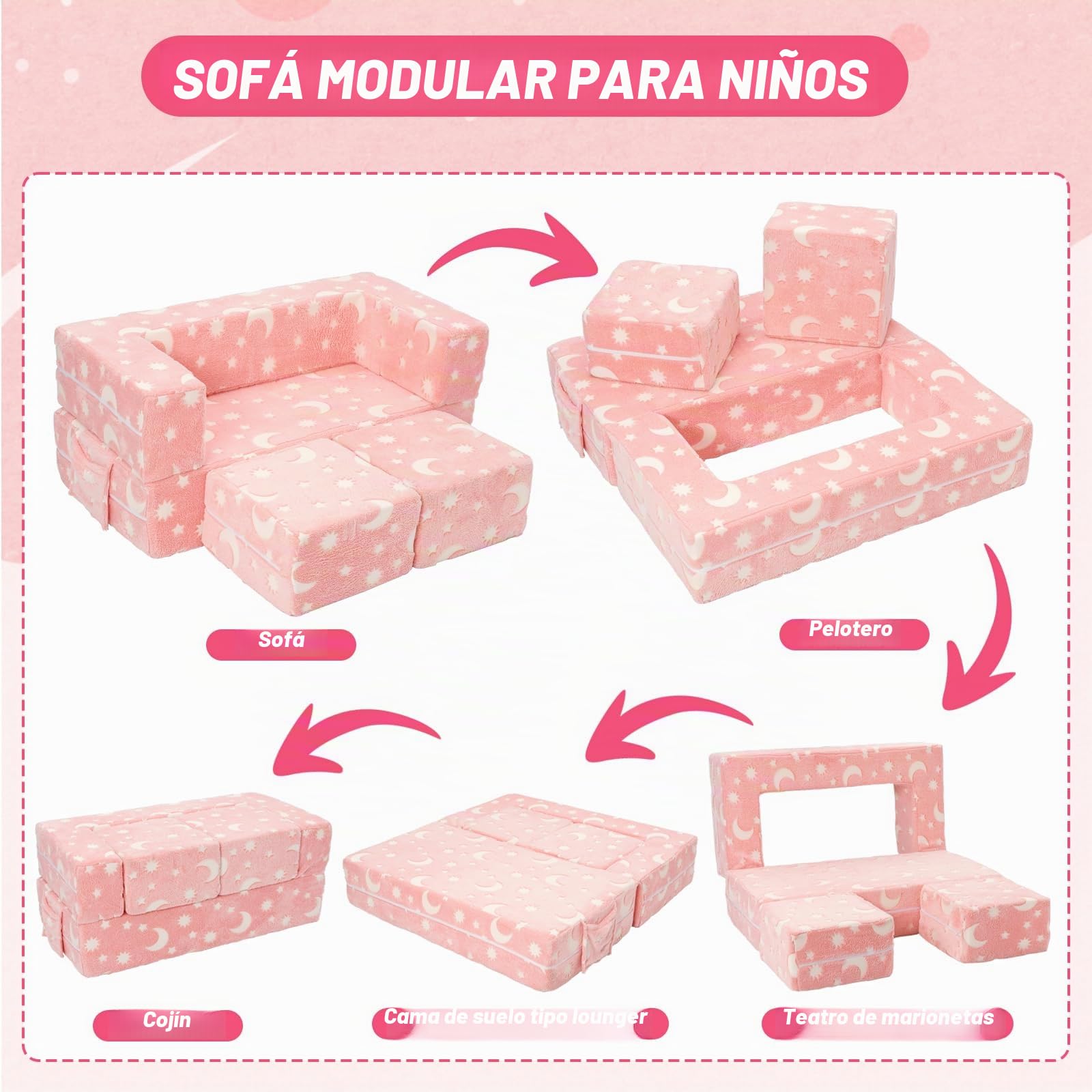 Sillón Bebe, Plegable Sofa Infantil, Sillón Infantil 2 en 1, Sofá Cama Convertible Tumbona, Silla Ancha Suave Funda Extraíble, Rosa Estampado Estrellas, Brilla Oscuridad, Regalo Día Niño Cumpleaños