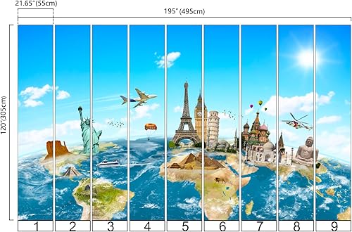Miniatura 4 de Bormia Mural - Papel tapiz con mapa de viaje en globo, famoso lugar de interés en todo el mundo, mural de pared para sala de estar y dormitorio (no