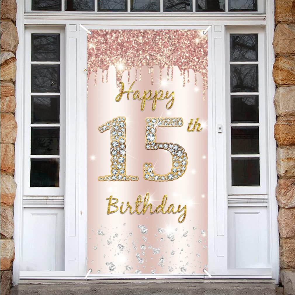 15th Birthday Decoration for Girls, Happy 15th Birthday Backdrop Banner Rosegold Fabric Sign Poster, Girl 15th Birthday Door Banner Party Welcome Sign