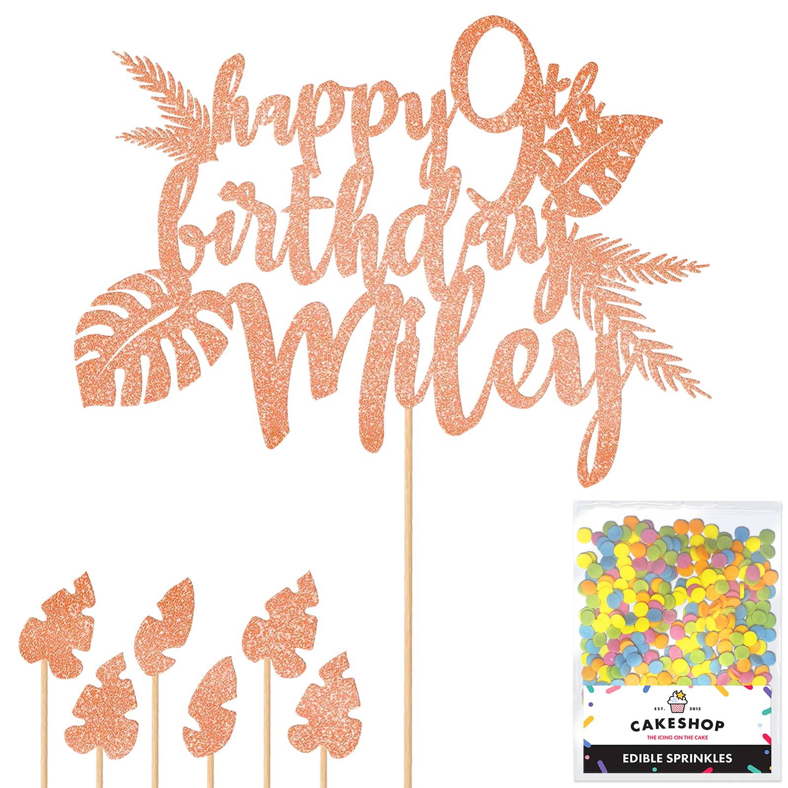Personalised Birthday Jungle Themed Glitter Cake Topper Rose Gold Any Custom Age & Name Glitter Cake Decoration and Sprinkles - Happy Birthday Decorations - Personalised Toppers for Cakes by Cakeshop โ image 1