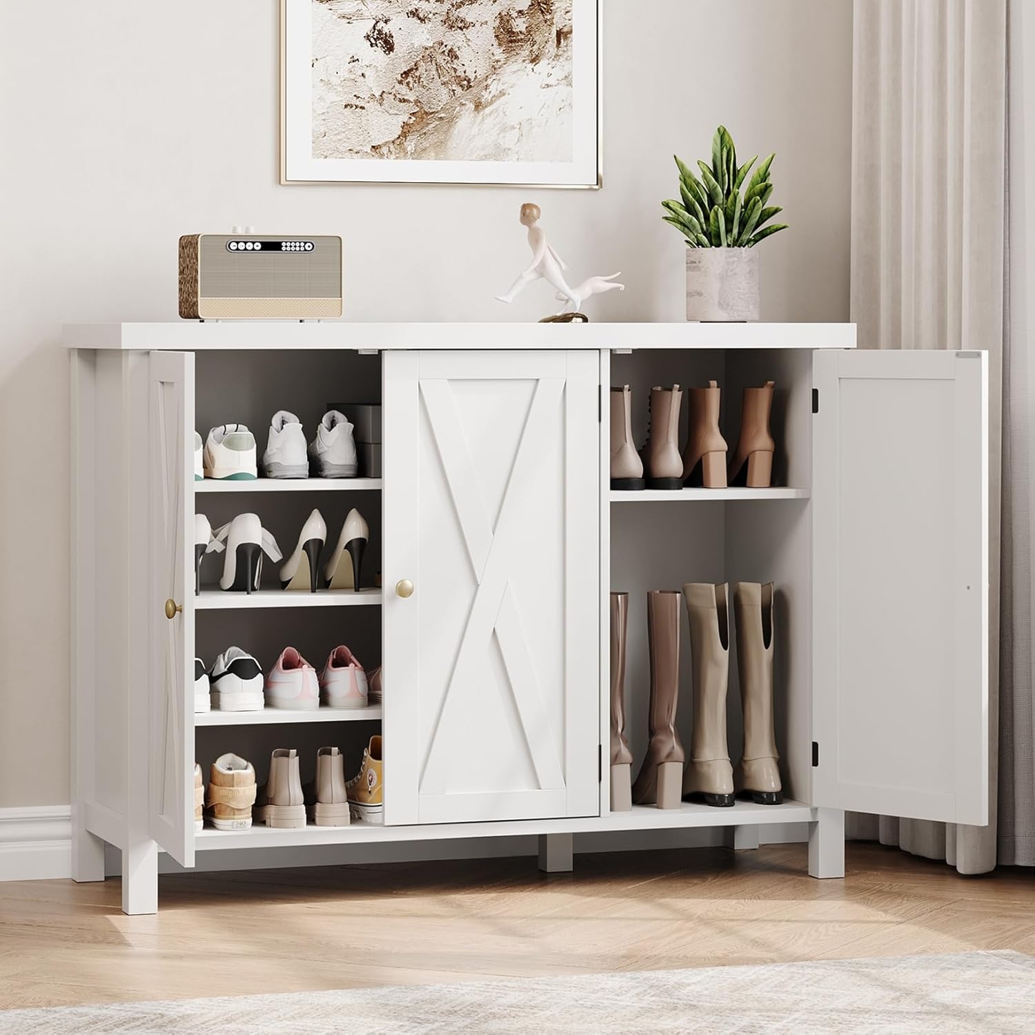 GarveeHome Shoe Cabinet with Doors, Farmhouse 35 in Shoe Storage Cabinet, 4-Tier Entryway Shoe Storage, Large Shoe Organizer Cabinet for Living Room Hallway, White