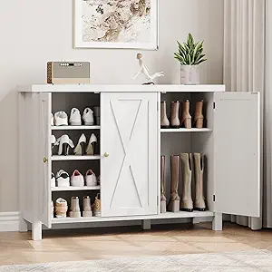 GarveeHome Shoe Cabinet with Doors, Farmhouse 35'' Shoe Storage Cabinet, 4-Tier Entryway Shoe Storage, Large Shoe Organizer Cabinet for Living Room Hallway, White
