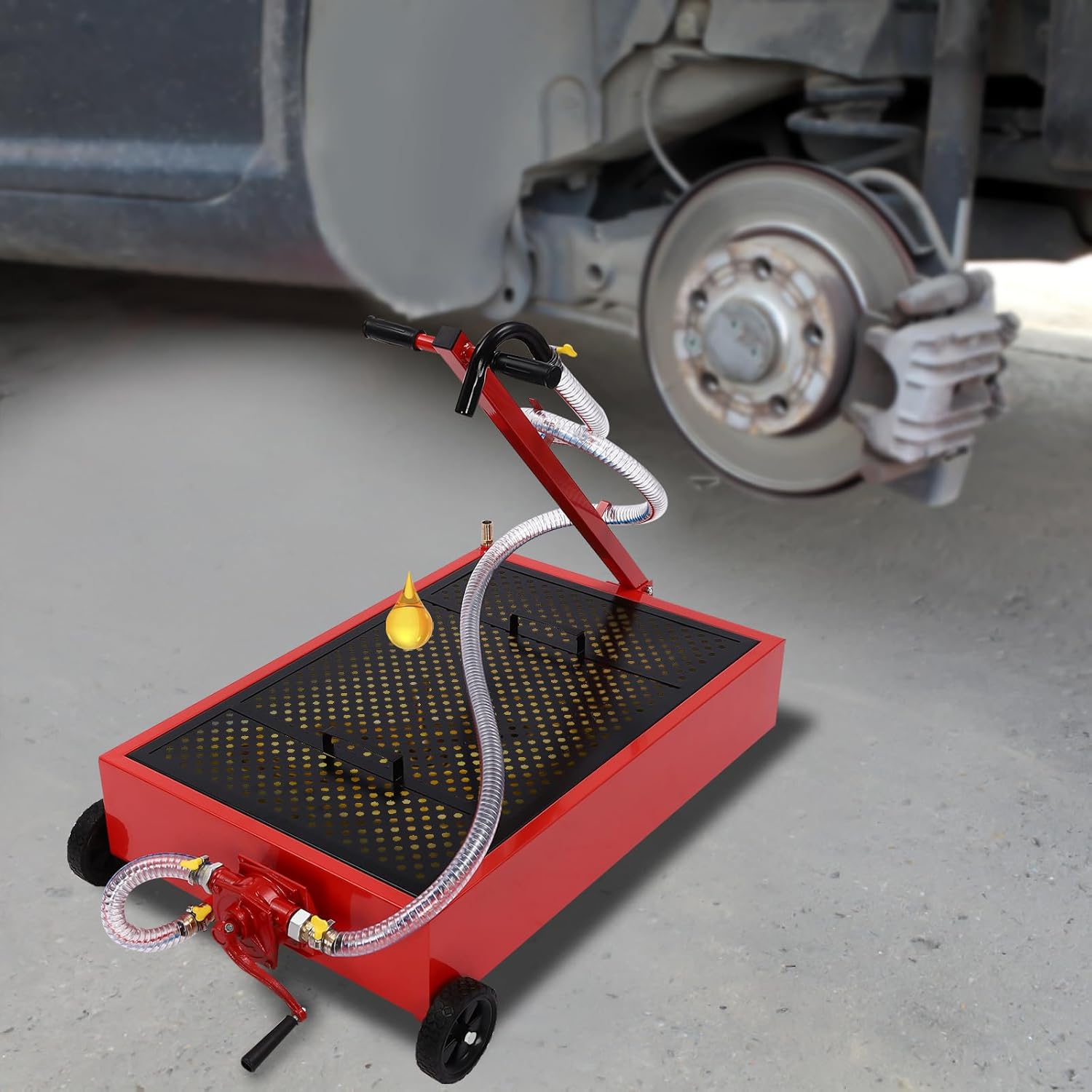 Oil Drain Pan, 20 Gallon Low Profile Oils Drain Tank with Manual Pump and Wheels Large Capacity Change Pans Oil Change Pans Effective Drain Cart for Cars, Suvs, Trucks, Buses