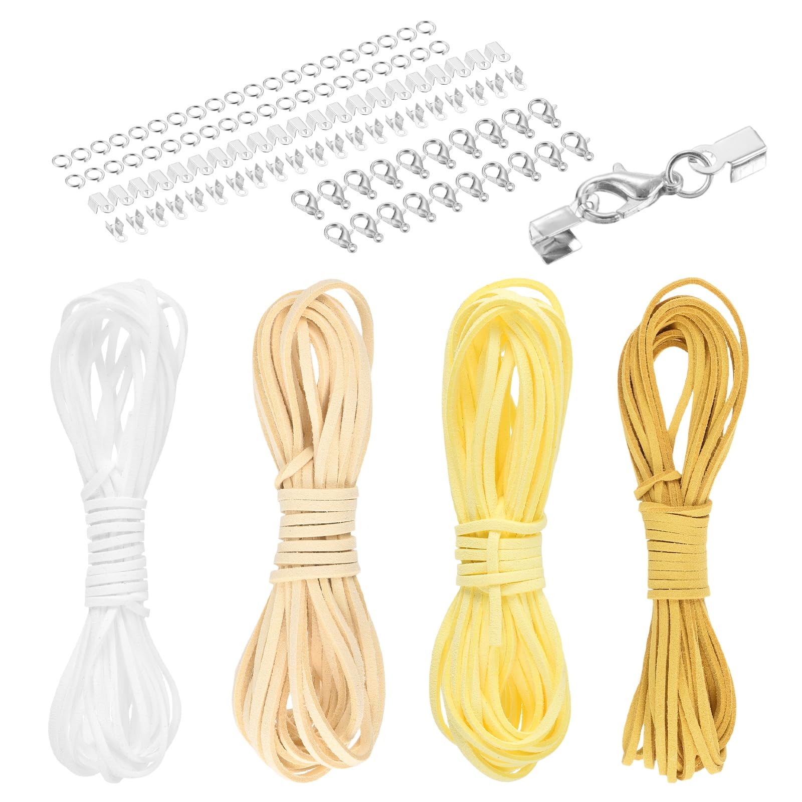 sourcing map 4 Pcs Suede Cord, 5.5 Yards Flat Faux Leather Cord Soft Durable Leather String with Silver Closed-Mouth Ring Rope Clip Lobster Clasps for Art Craft, White/Yellow Series