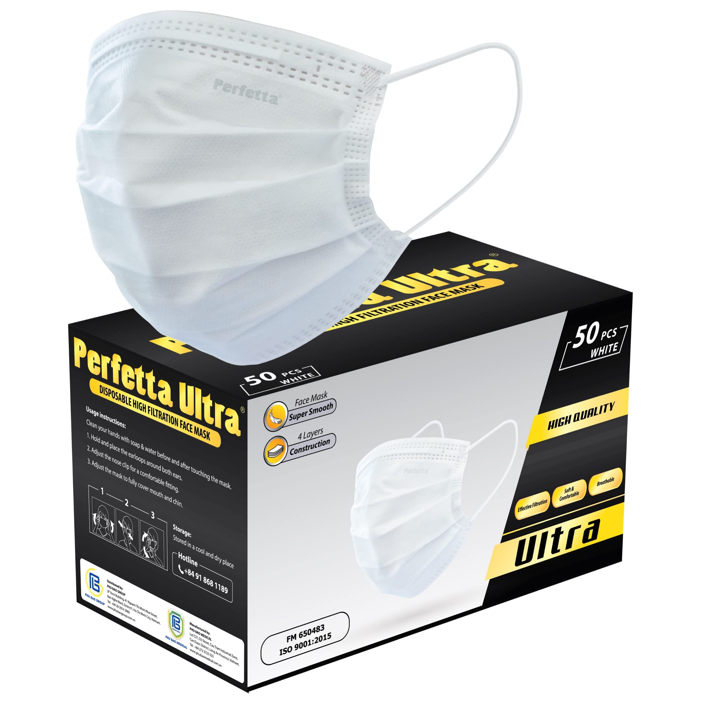 Perfetta Ultra - Disposable High Filtration Face Mask, 4-Layers, White Color, Premium Quality, Safety Mask, Breathable, Earloops, Pack of 50