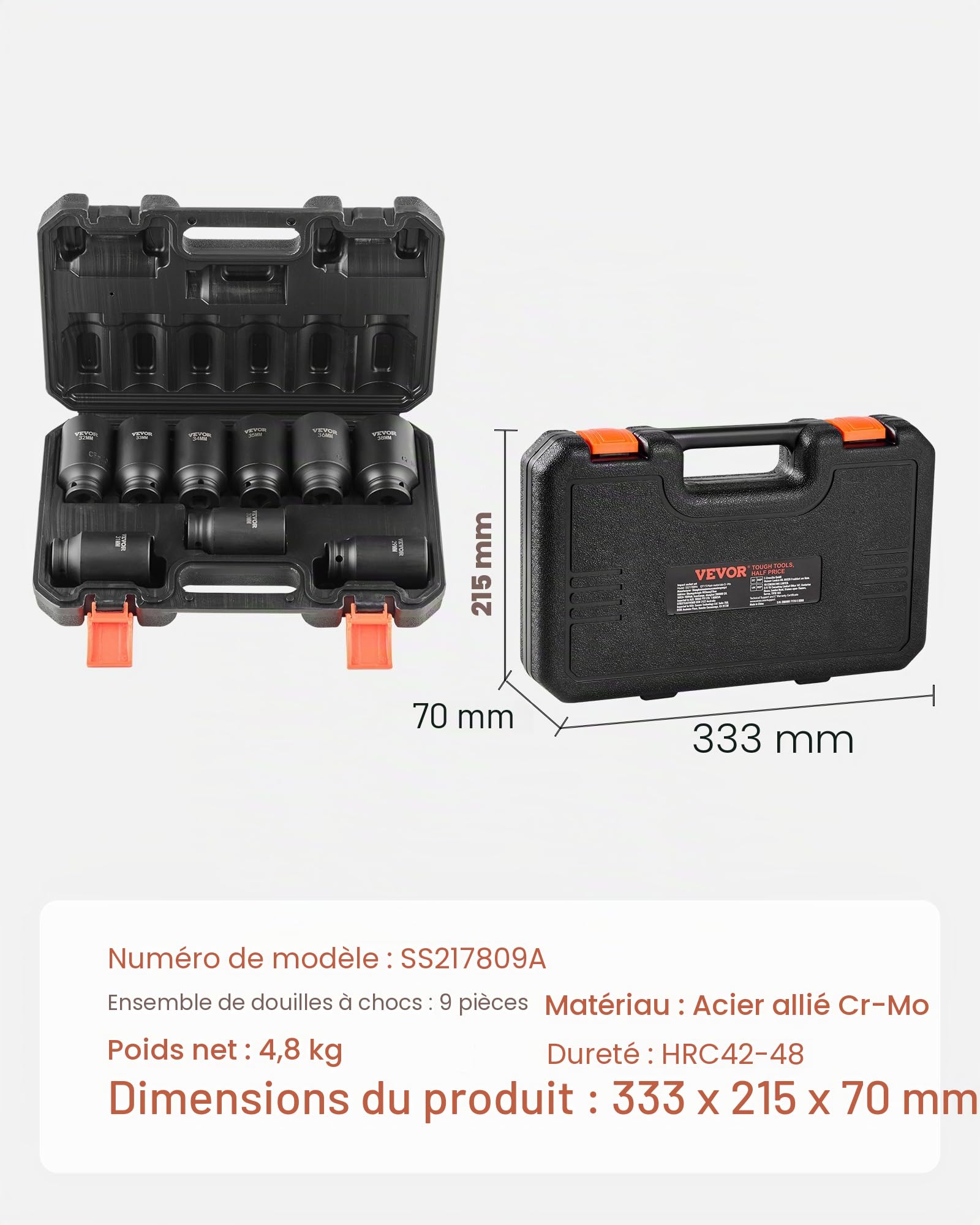 VEVOR Jeu de Douilles à Choc 1/2" Jeu de 9 Douilles à Impact Métriques 29-38 mm 6 Pans en Acier Allié CR-Mo Dureté HRC 42-48 Repère de Taille Facile avec Mallette de Transport pour Réparation Auto
