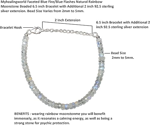 Miniatura 6 de Myhealingworld Pulsera de 6.5 pulgadas con cuentas de piedra lunar arcoíris natural facetada de fuego azuldestellos azules con extensión adicional