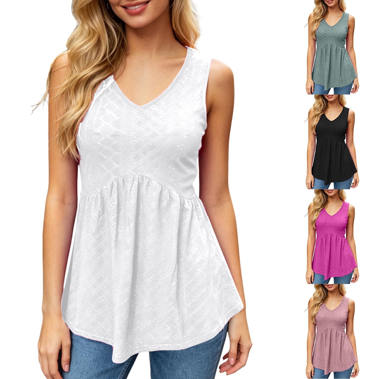 Camiseta de tirantes para mujer, holgada, cuello en V, sin mangas, estilo bohemio, sin mangas, para verano, con bordado de peplum, blusa de lino, blusa holgada, con botones