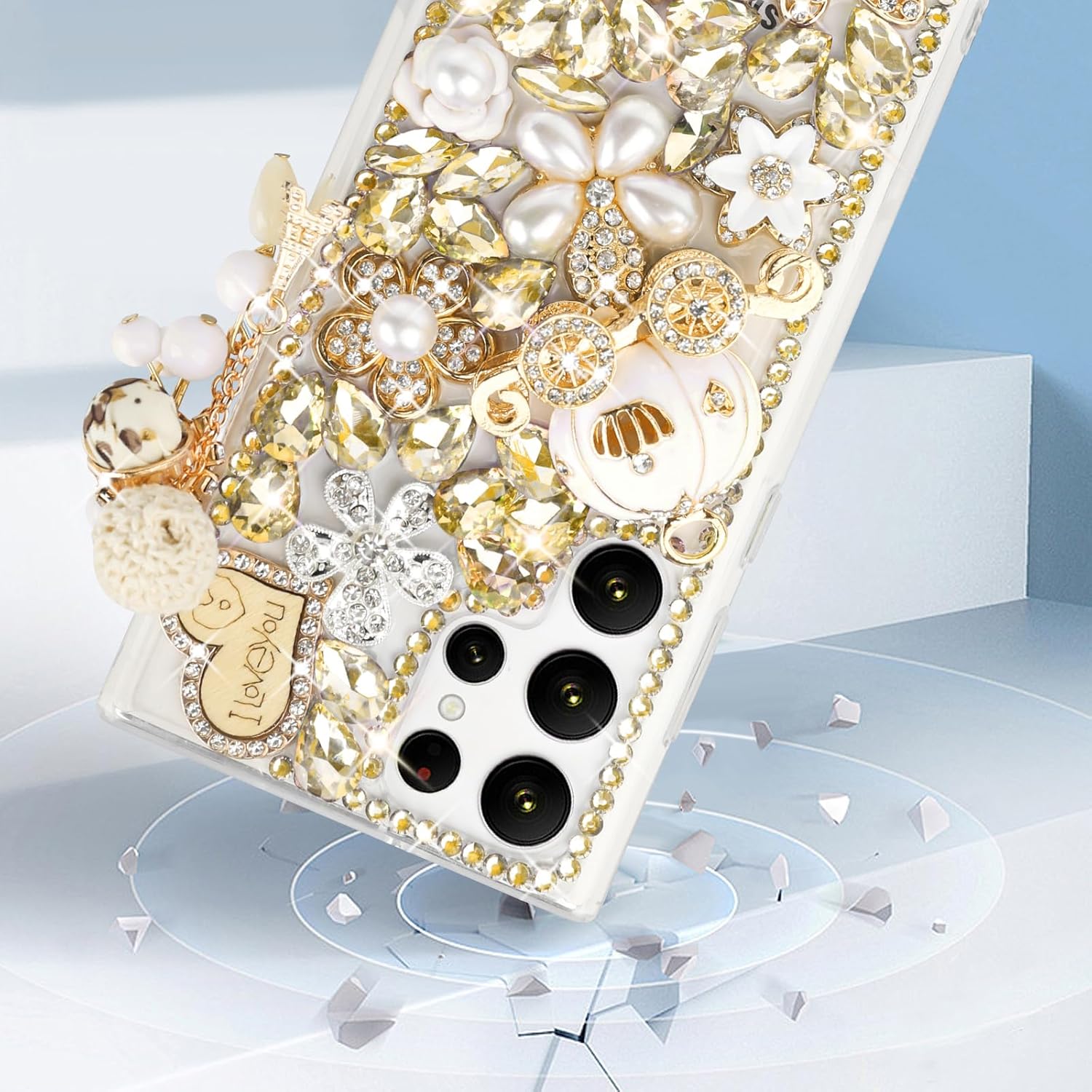 Guppy for Galaxy S25 Ultra Bling Case, 3D Bling Shiny Rhinestone Diamond Crystal Pearl Handmade Pendant Iron Tower Pumpkin Car Flowers Soft Protective Anti-Fall Case for Galaxy S25 Ultra(Gold) - Image 4