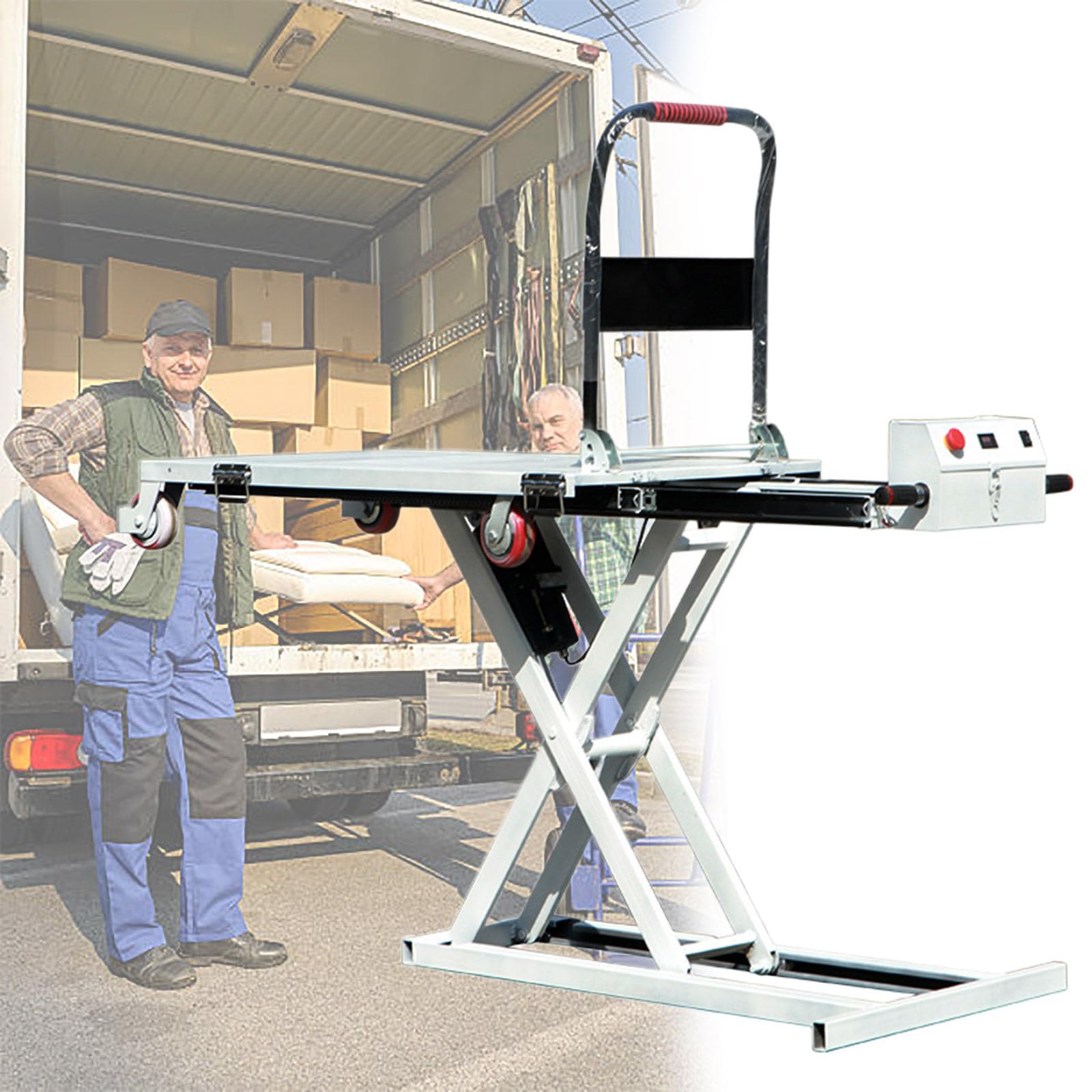 Hydrauliczny stół podnośny, udźwig 270 kg, wysokość podnoszenia 102 cm, wózek ze stołem podnoszonym nożycowym i 4 kołami, do transportu i obsługi materiałów